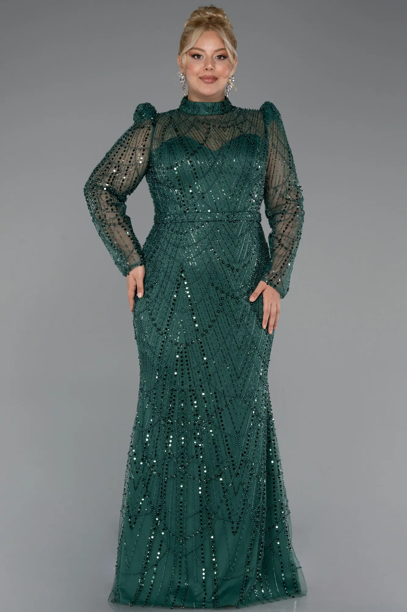 Emerald Green-Long Sleeve High Collar Stoned Plus Size Evening Gown ABU4527