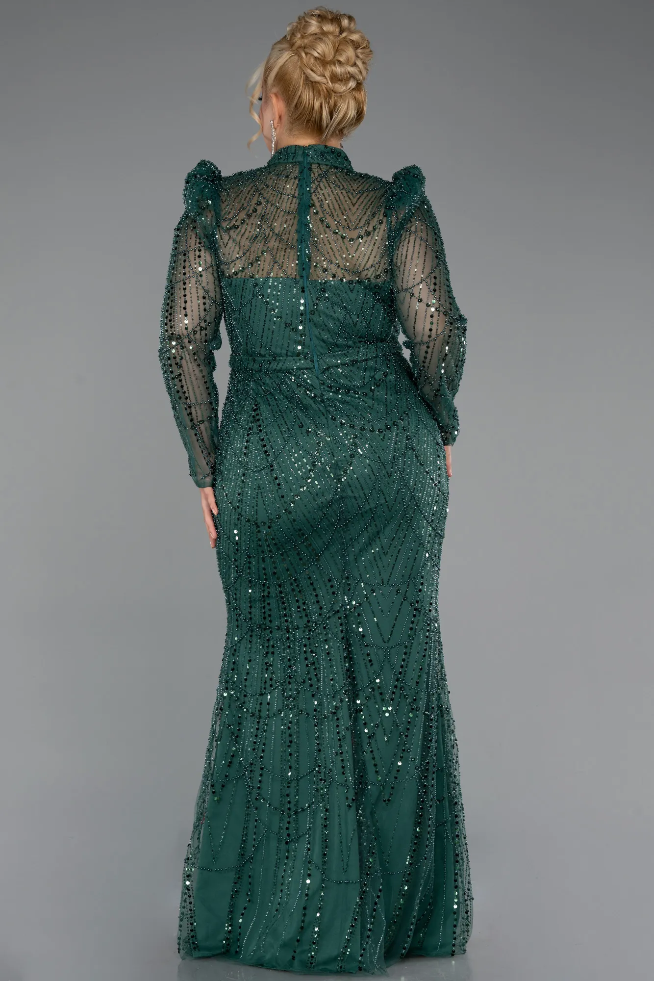 Emerald Green-Long Sleeve High Collar Stoned Plus Size Evening Gown ABU4527