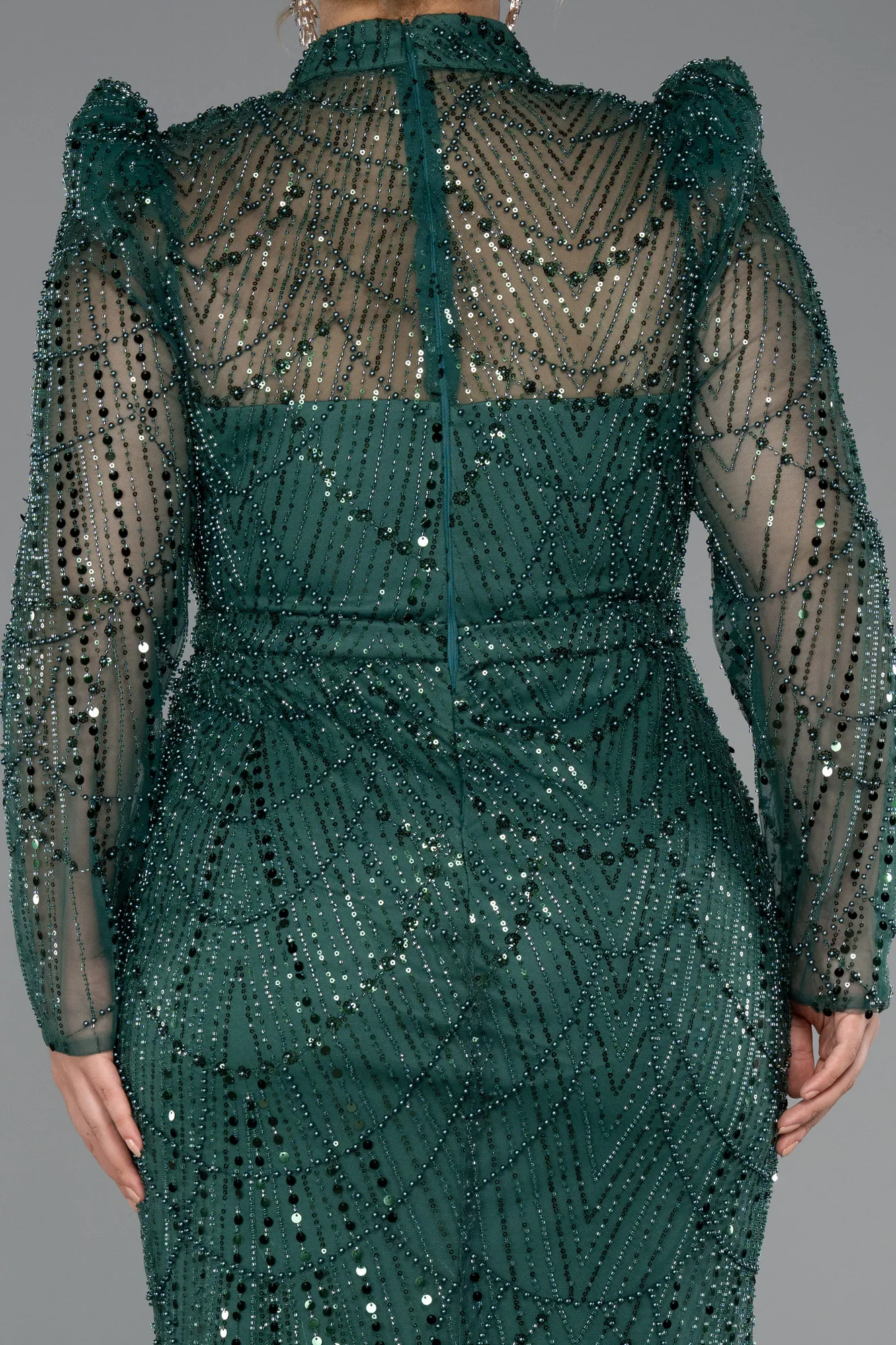 Emerald Green-Long Sleeve High Collar Stoned Plus Size Evening Gown ABU4527