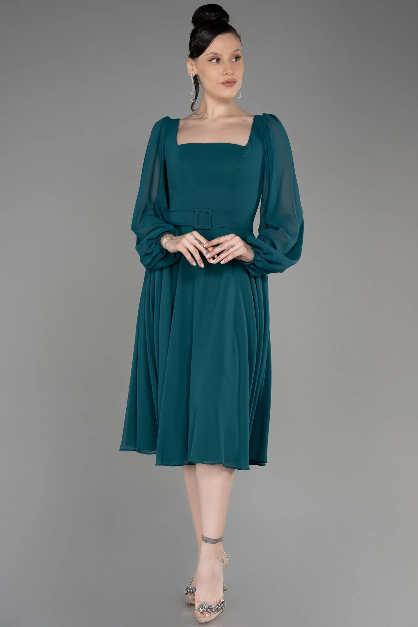 Emerald Green-Long Sleeve Midi Chiffon Cocktail Dress ABK2026