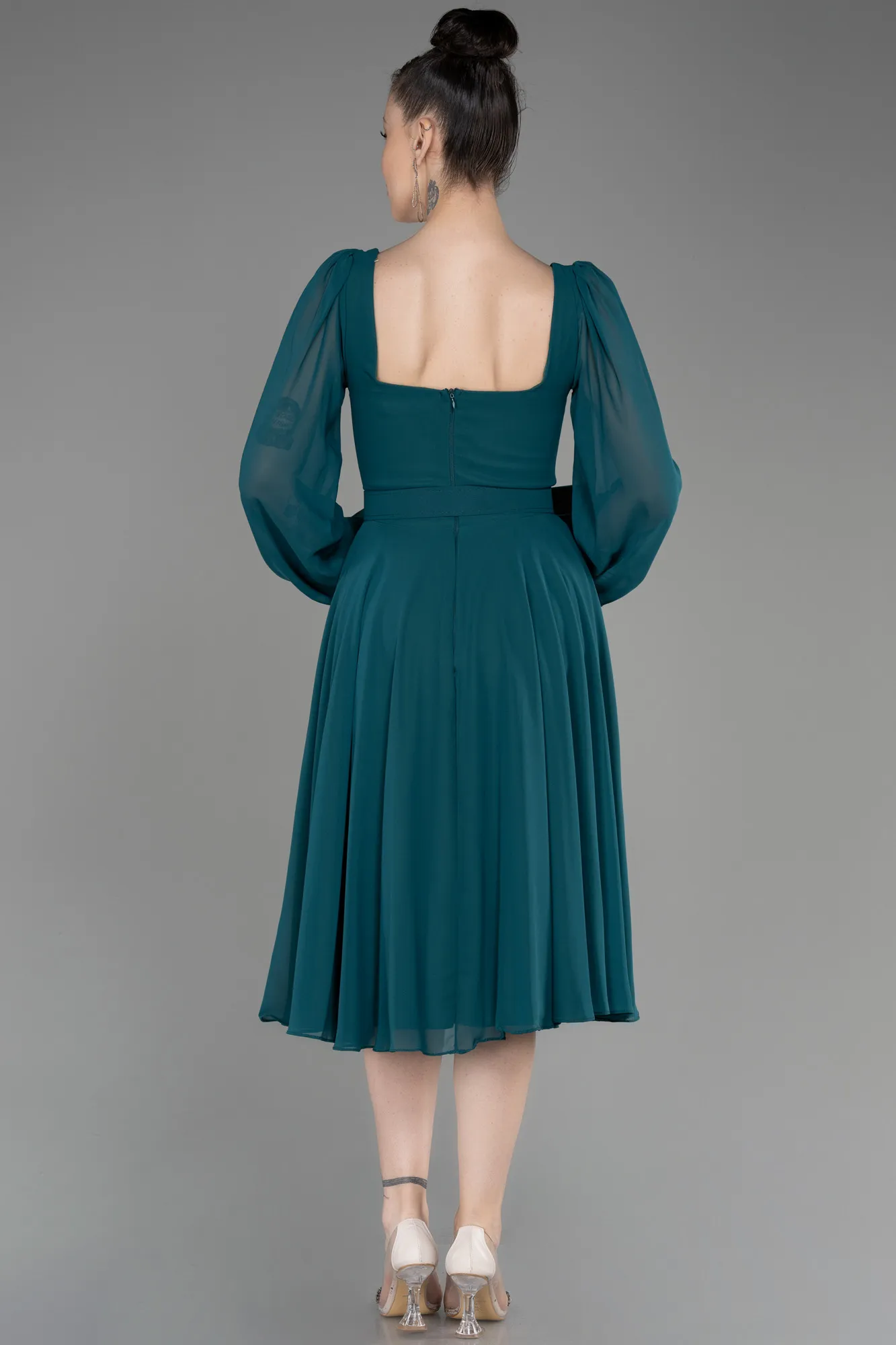 Emerald Green-Long Sleeve Midi Chiffon Cocktail Dress ABK2026