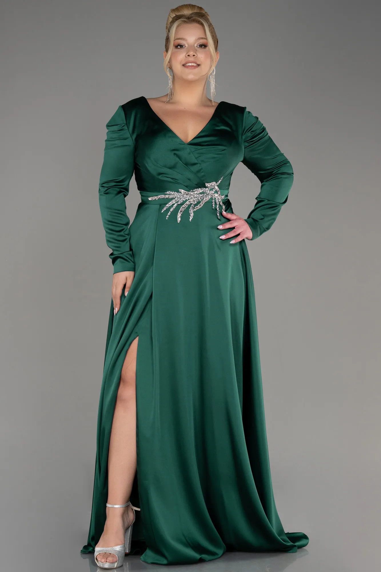 Emerald Green-Long Sleeve Satin Plus Size Evening Dress ABU3941