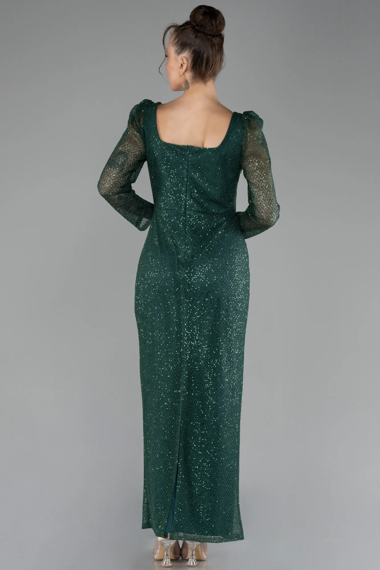 Emerald Green-Long Sleeve Sequin Midi Plus Size Evening Dress ABK2138