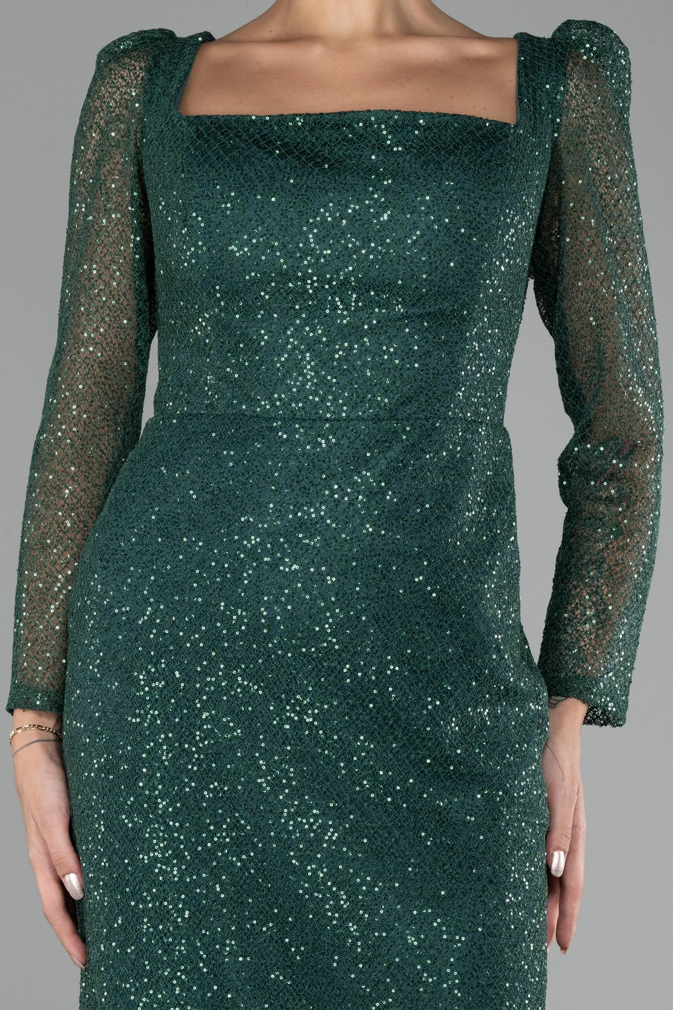 Emerald Green-Long Sleeve Sequin Midi Plus Size Evening Dress ABK2138