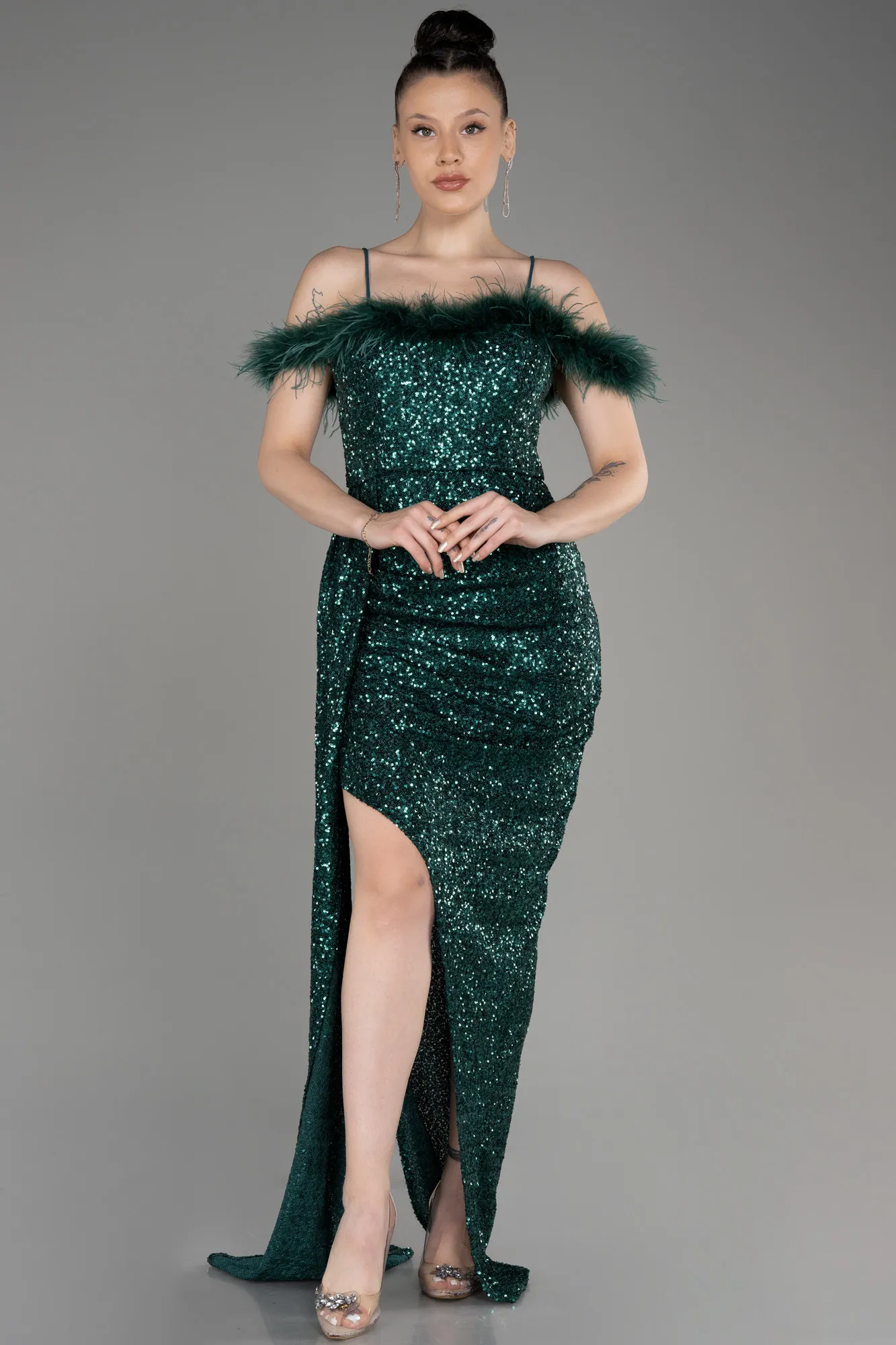 Emerald Green-Long Slit Scaly Evening Dress ABU3901