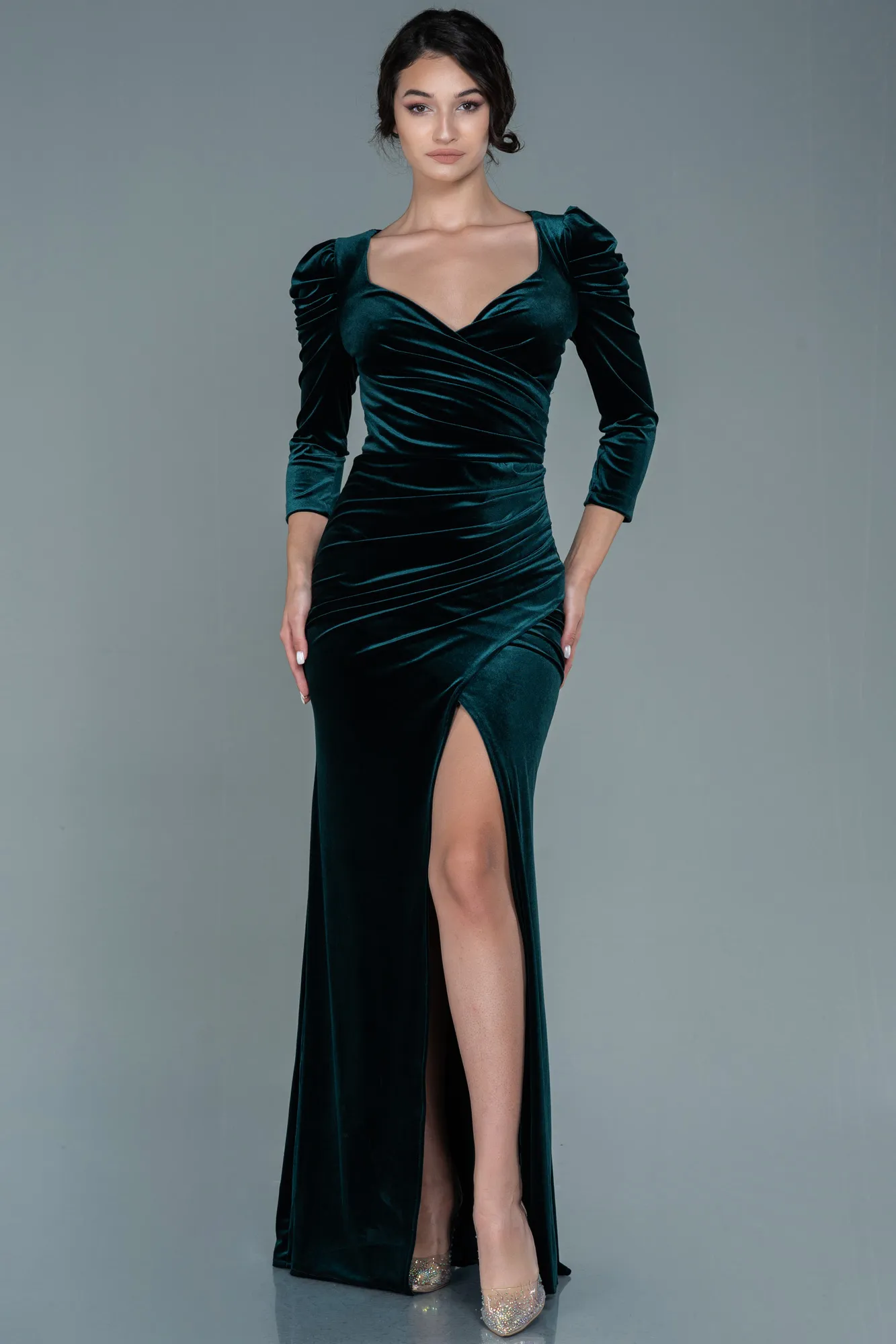 Emerald Green-Long Velvet Evening Dress ABU2604