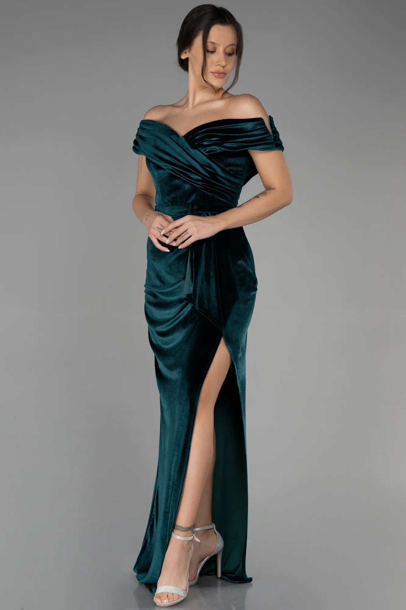 Emerald Green-Long Velvet Evening Dress ABU3330