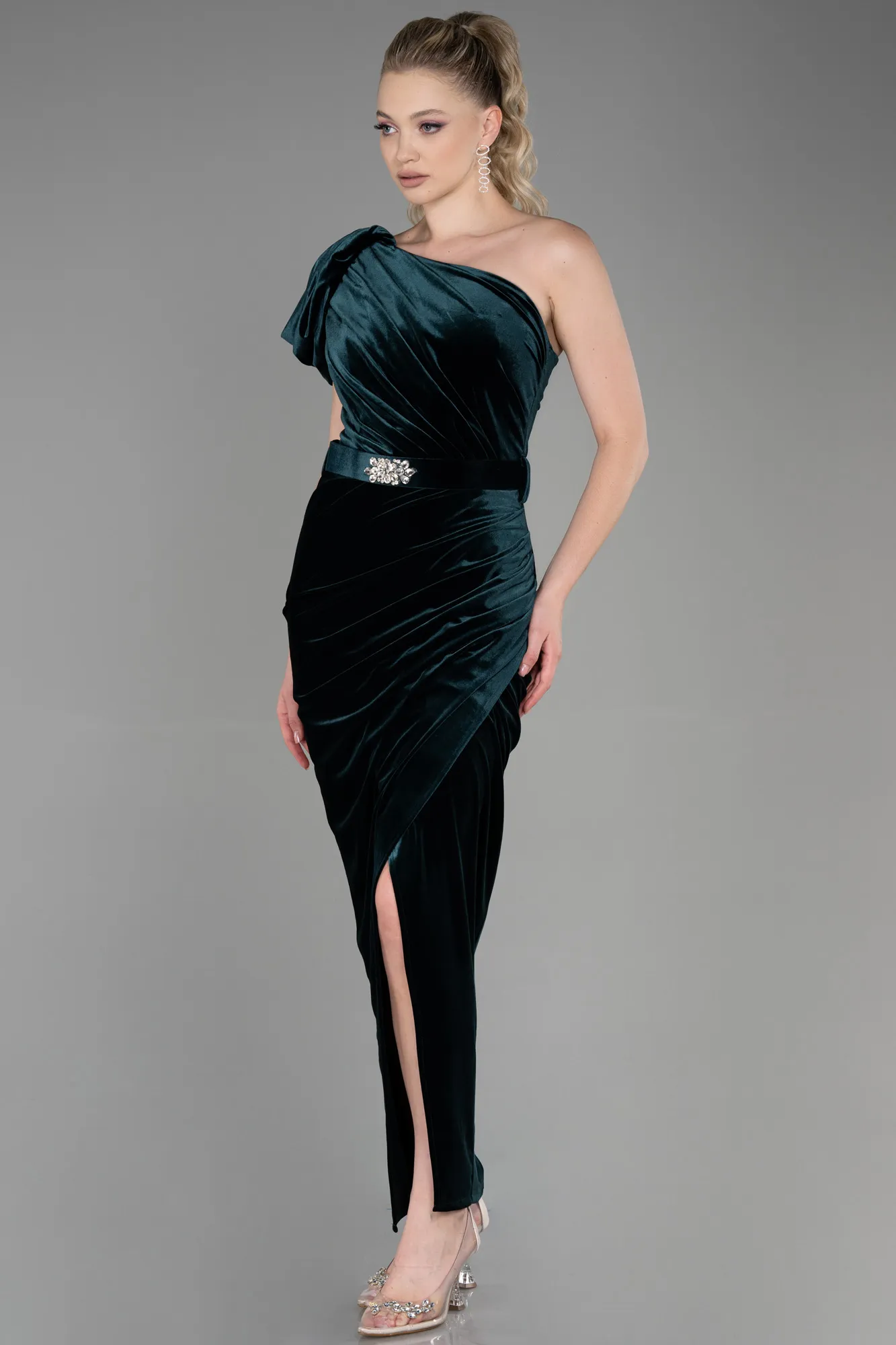 Emerald Green-Long Velvet Evening Dress ABU3350