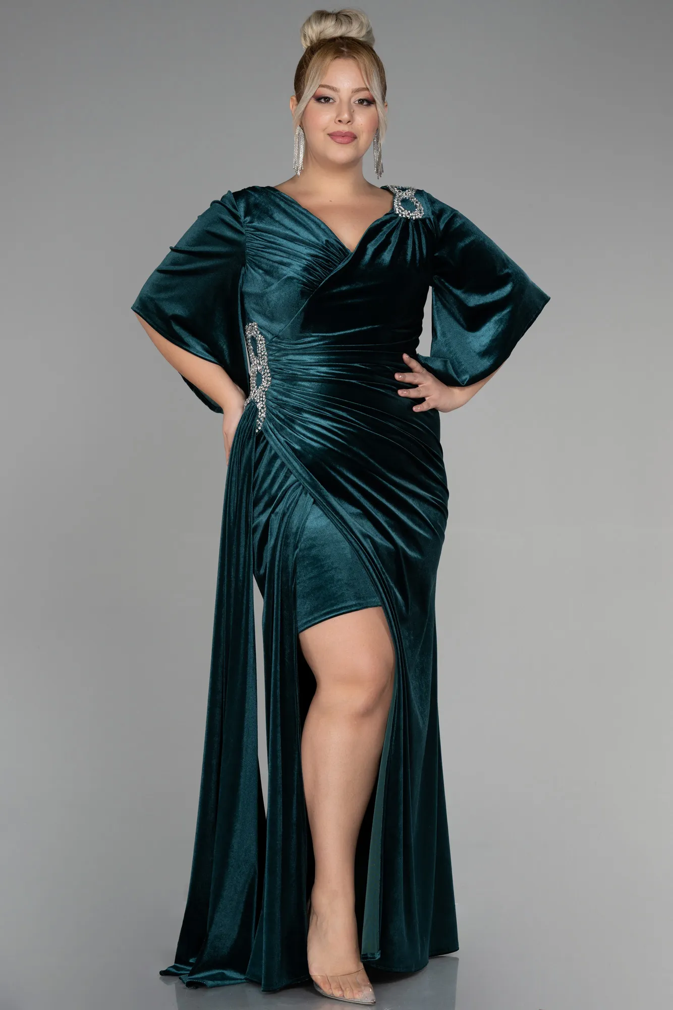 Emerald Green-Long Velvet Velvet Oversized Evening Dress ABU3370