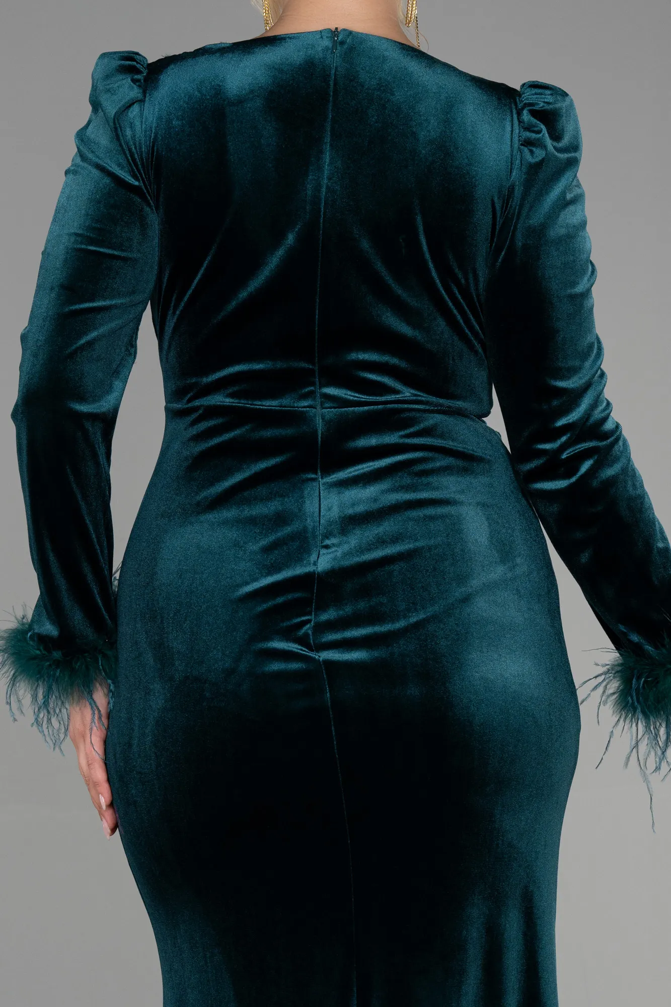 Emerald Green-Long Velvet Velvet Oversized Evening Dress ABU3394