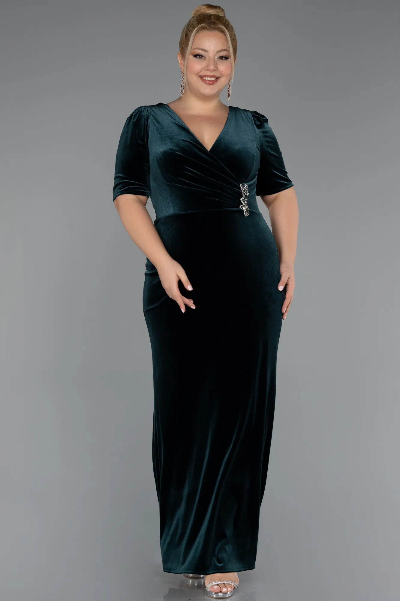 Emerald Green-Long Velvet Velvet Oversized Evening Dress ABU5390