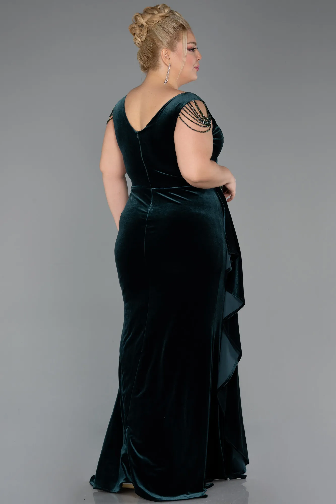 Emerald Green-Long Velvet Velvet Oversized Evening Dress ABU5428
