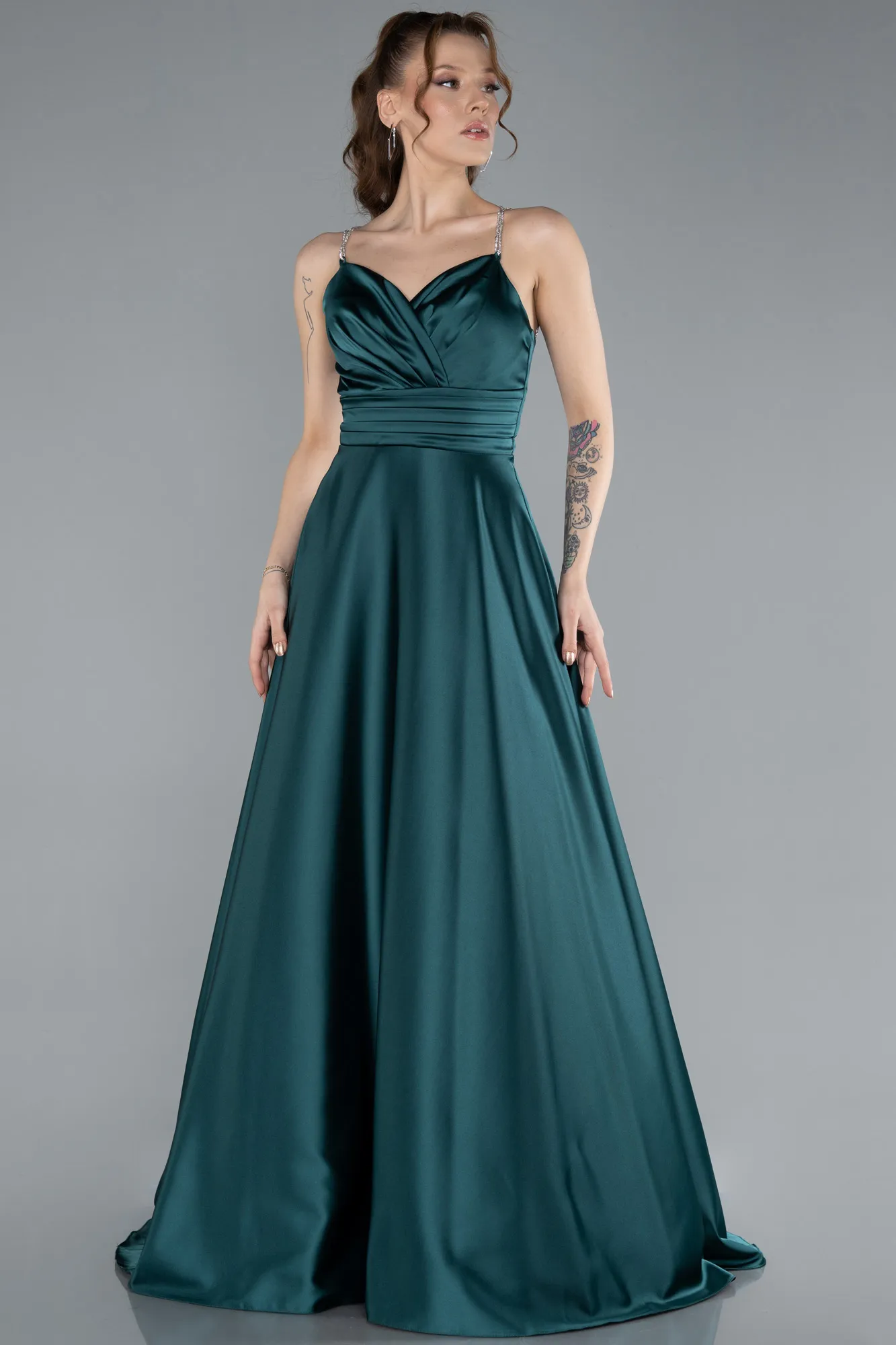 Emerald Green-Low Cut Back Long Satin Prom Dress ABU4702