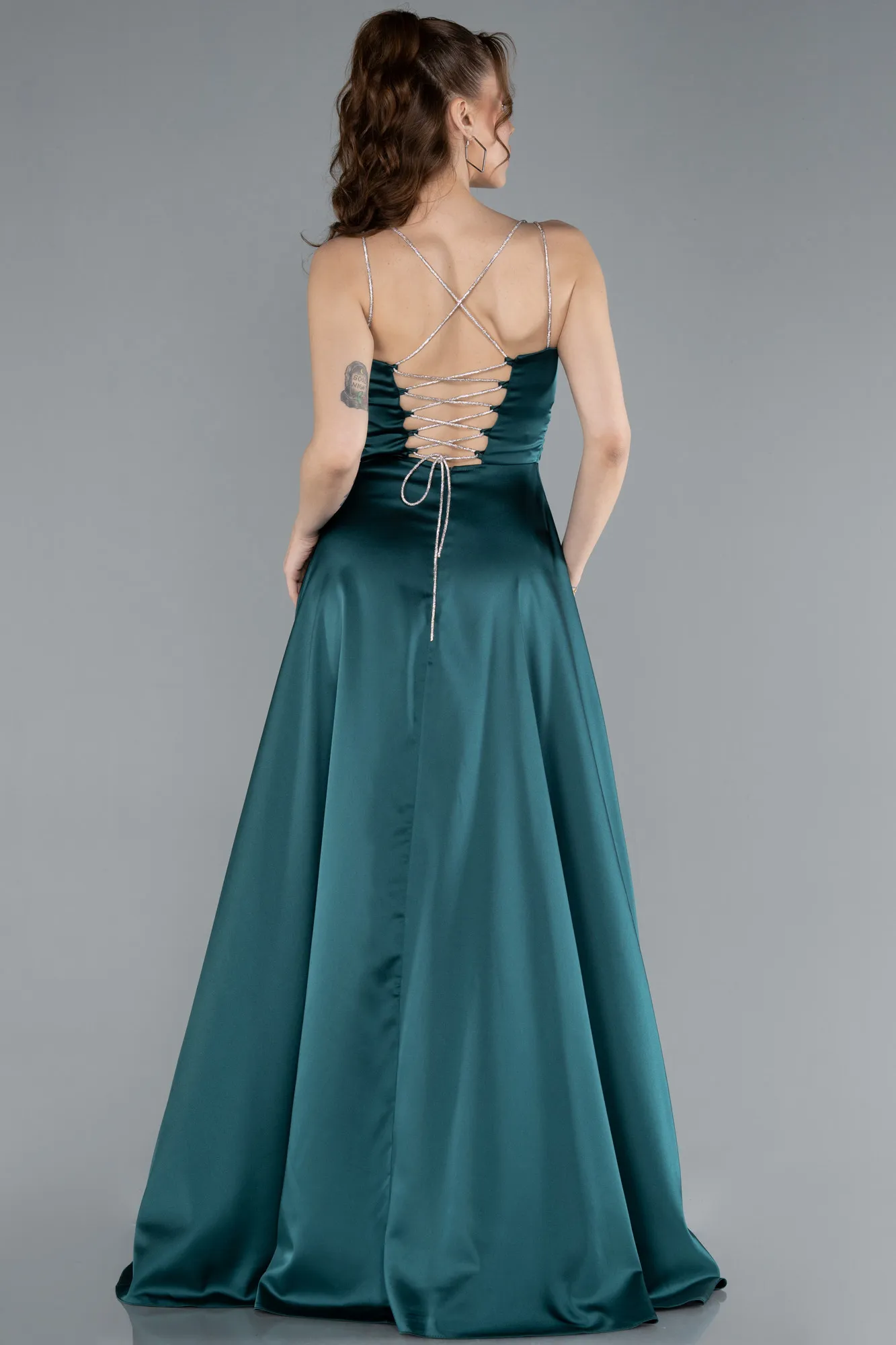 Emerald Green-Low Cut Back Long Satin Prom Dress ABU4702