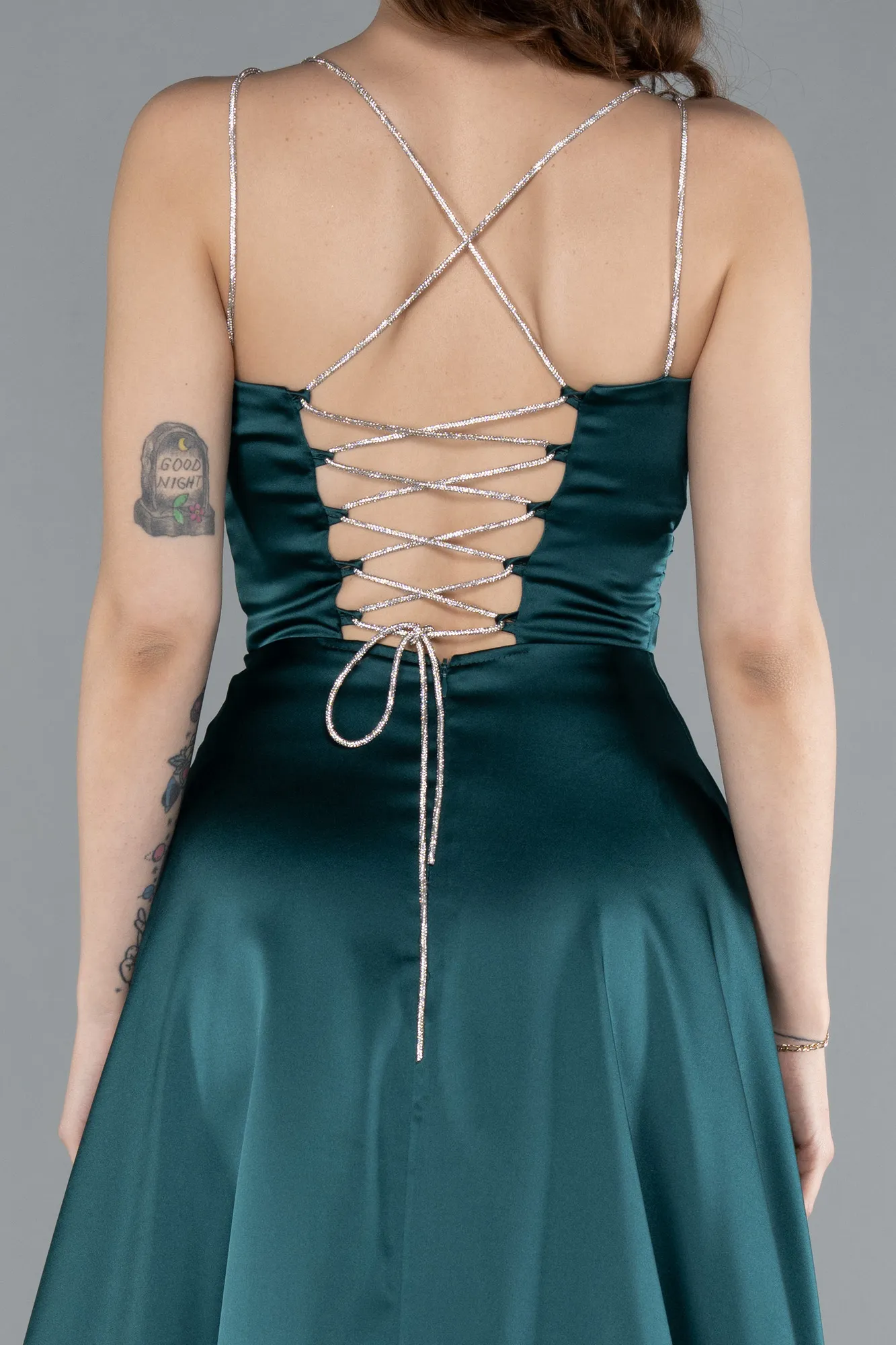 Emerald Green-Low Cut Back Long Satin Prom Dress ABU4702