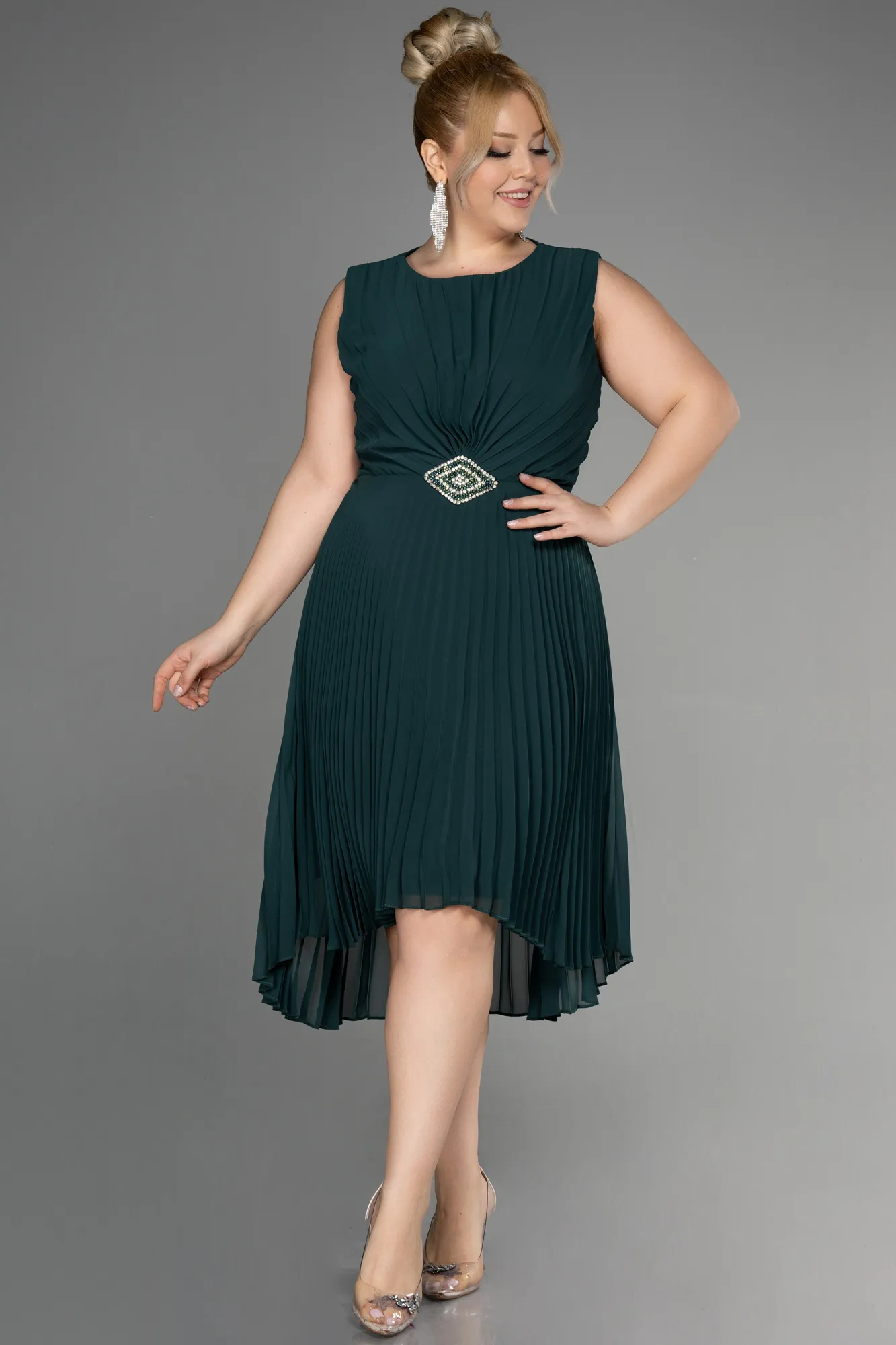 Emerald Green-Midi Chiffon Plus Size Cocktail Dress ABK1953