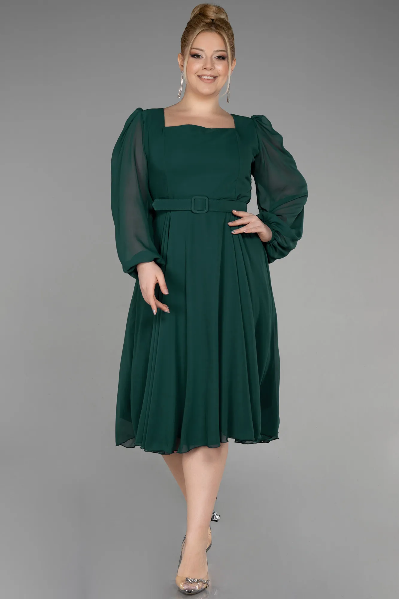 Emerald Green-Midi Chiffon Plus Size Cocktail Dress ABK1970