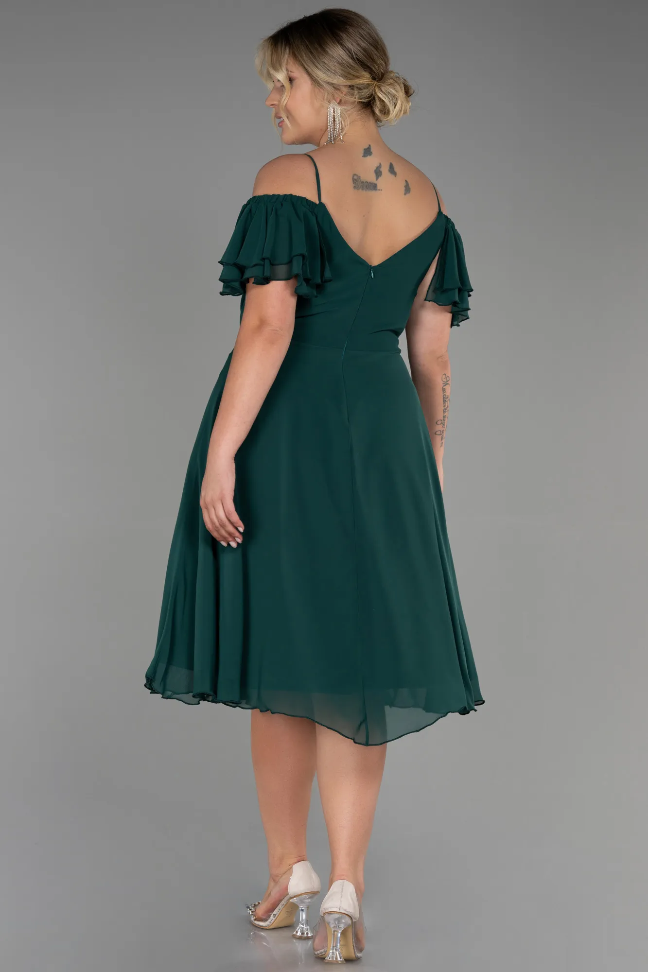 Emerald Green-Midi Chiffon Plus Size Evening Dress ABK1475