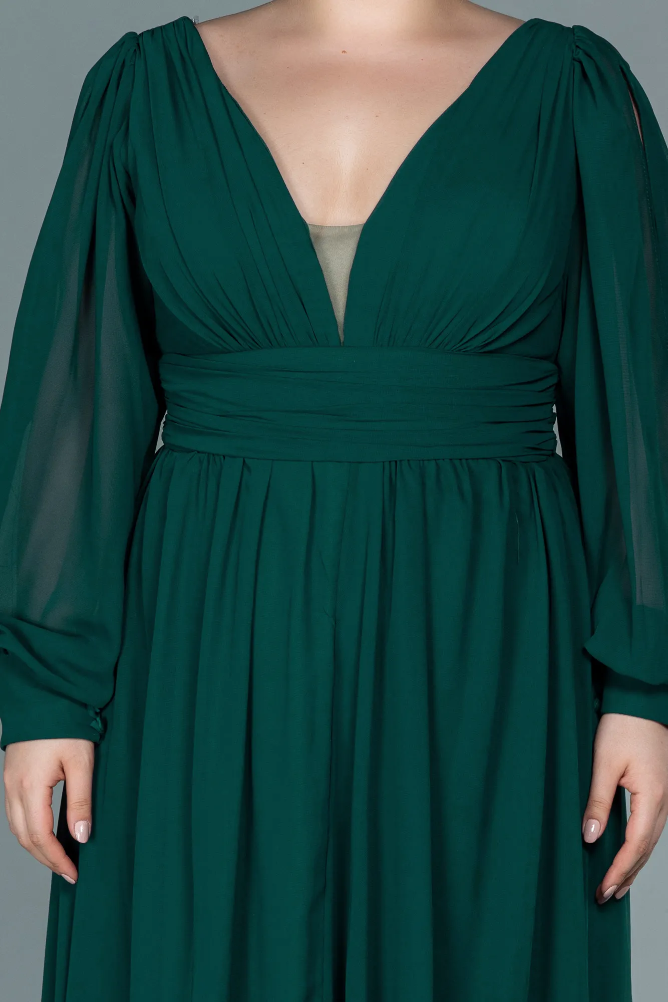 Emerald Green-Midi Chiffon Plus Size Evening Dress ABK1565