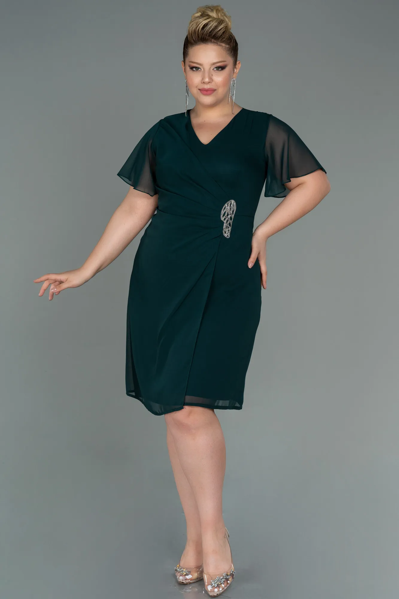 Emerald Green-Midi Chiffon Plus Size Evening Dress ABK1660