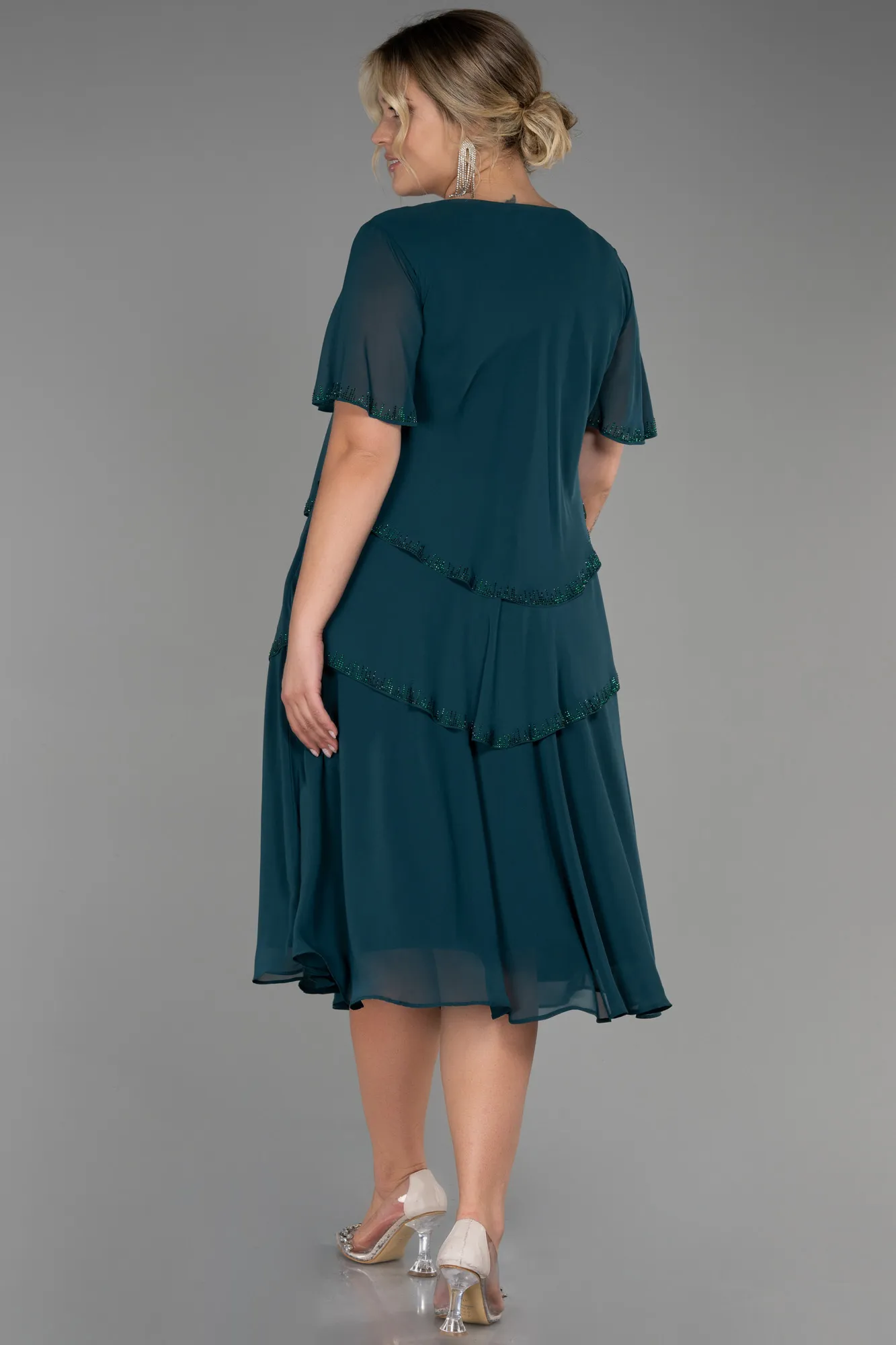Emerald Green-Midi Chiffon Plus Size Evening Dress ABK1825