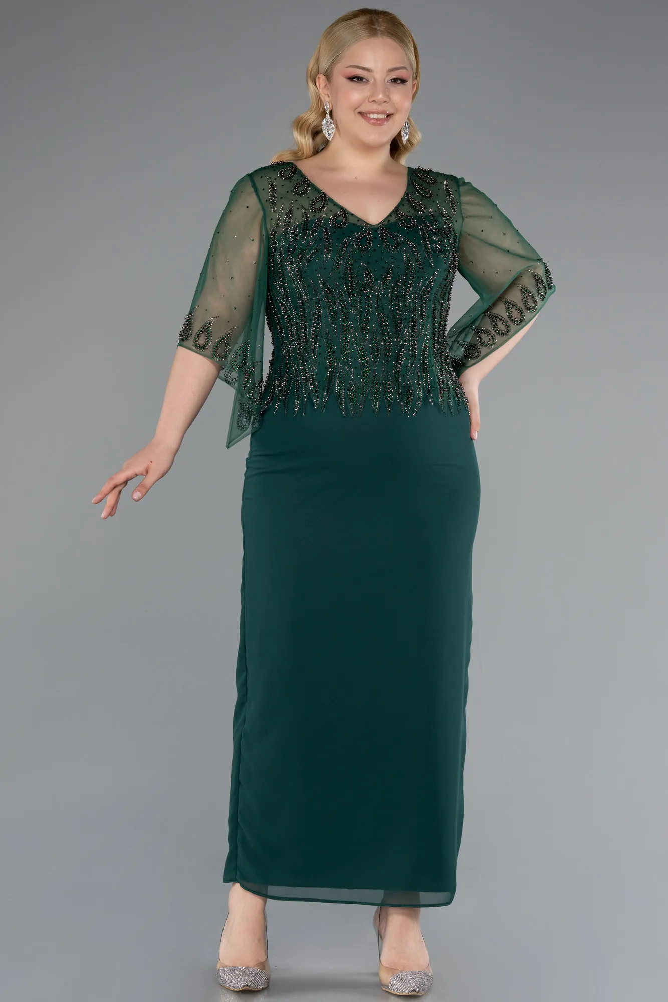 Emerald Green-Midi Chiffon Plus Size Evening Dress ABK2333
