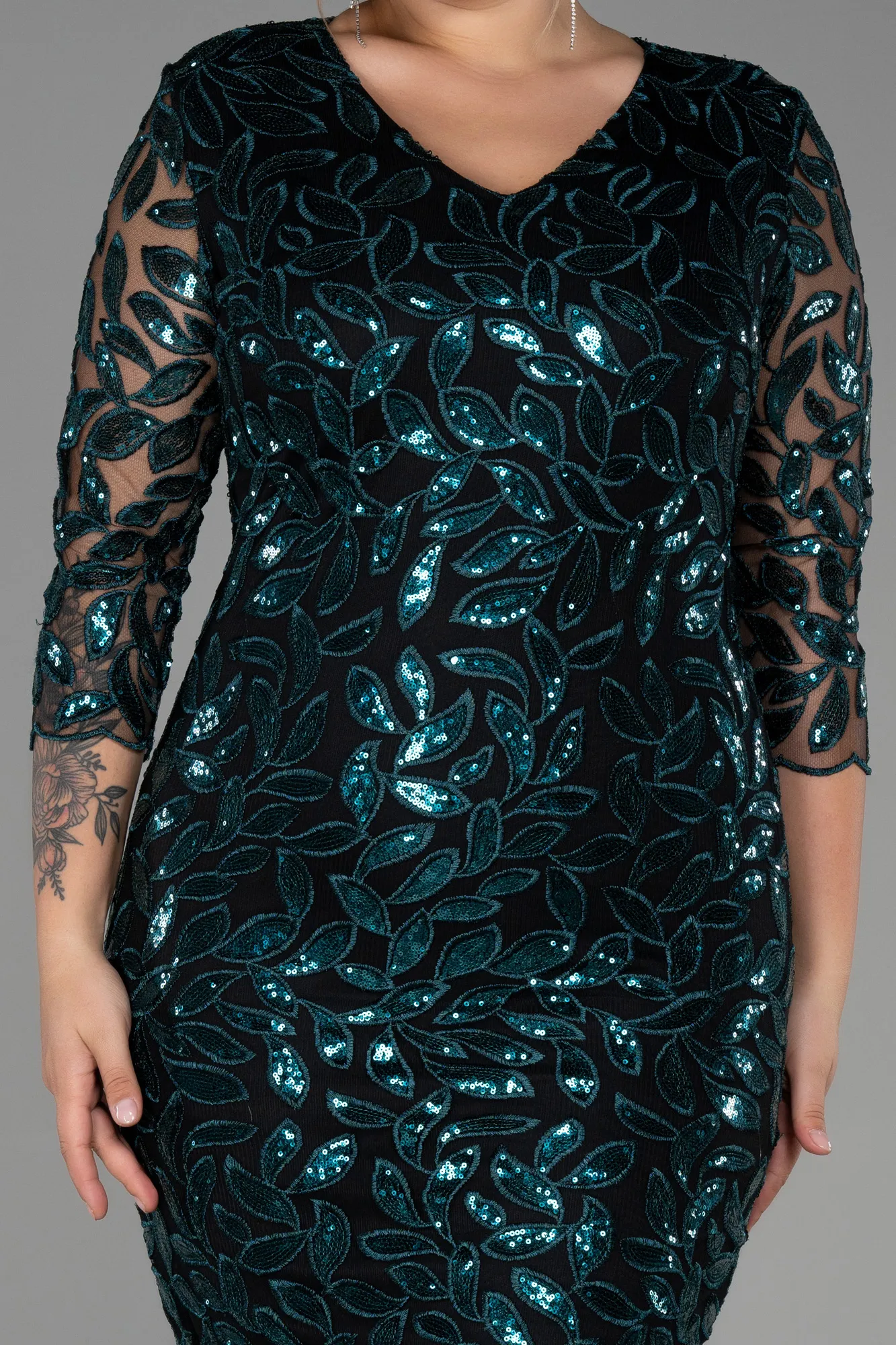 Emerald Green-Midi Laced Plus Size Evening Dress ABK1804