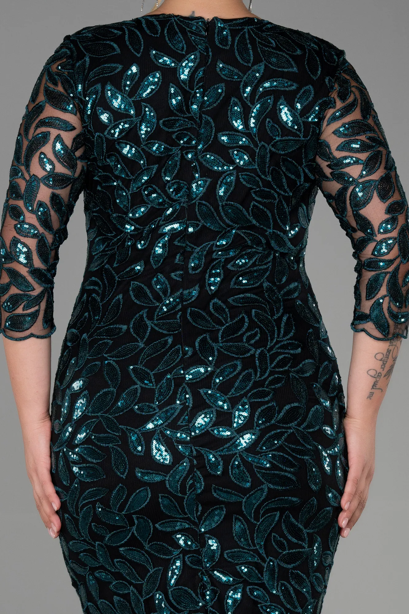 Emerald Green-Midi Laced Plus Size Evening Dress ABK1804