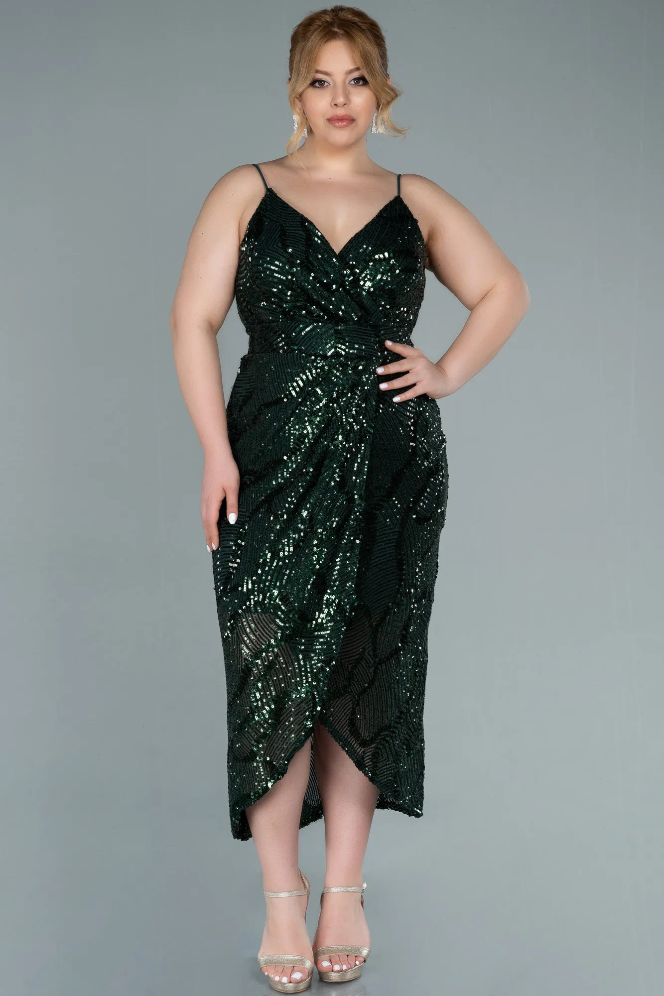 Emerald Green-Midi Plus Size Evening Dress ABK1349