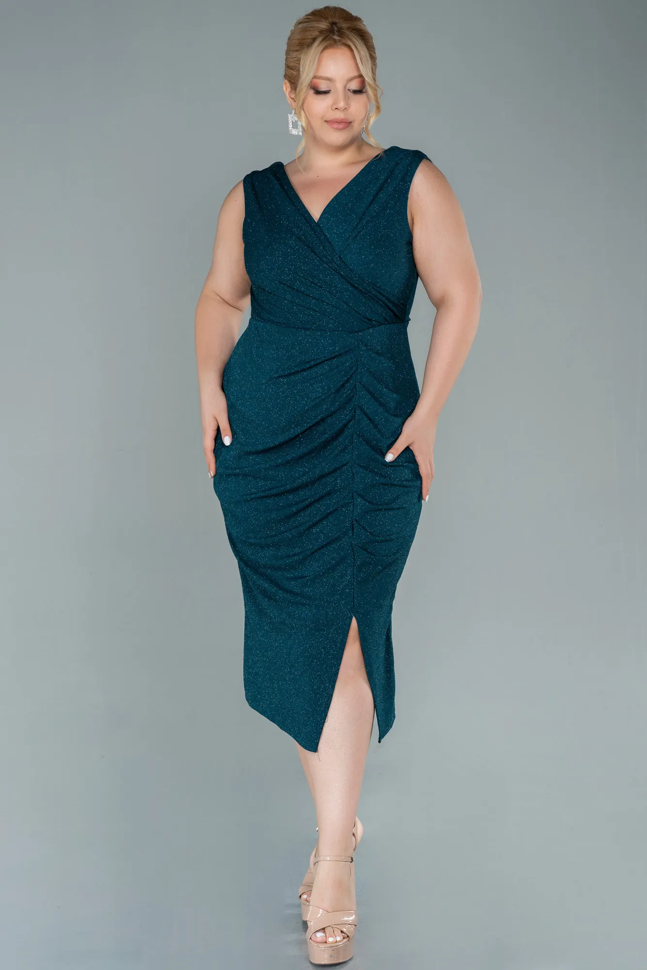 Emerald Green-Midi Plus Size Evening Dress ABK1492