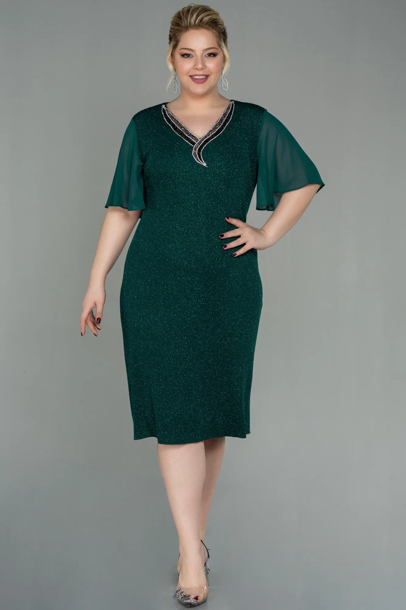 Emerald Green-Midi Plus Size Evening Dress ABK1511