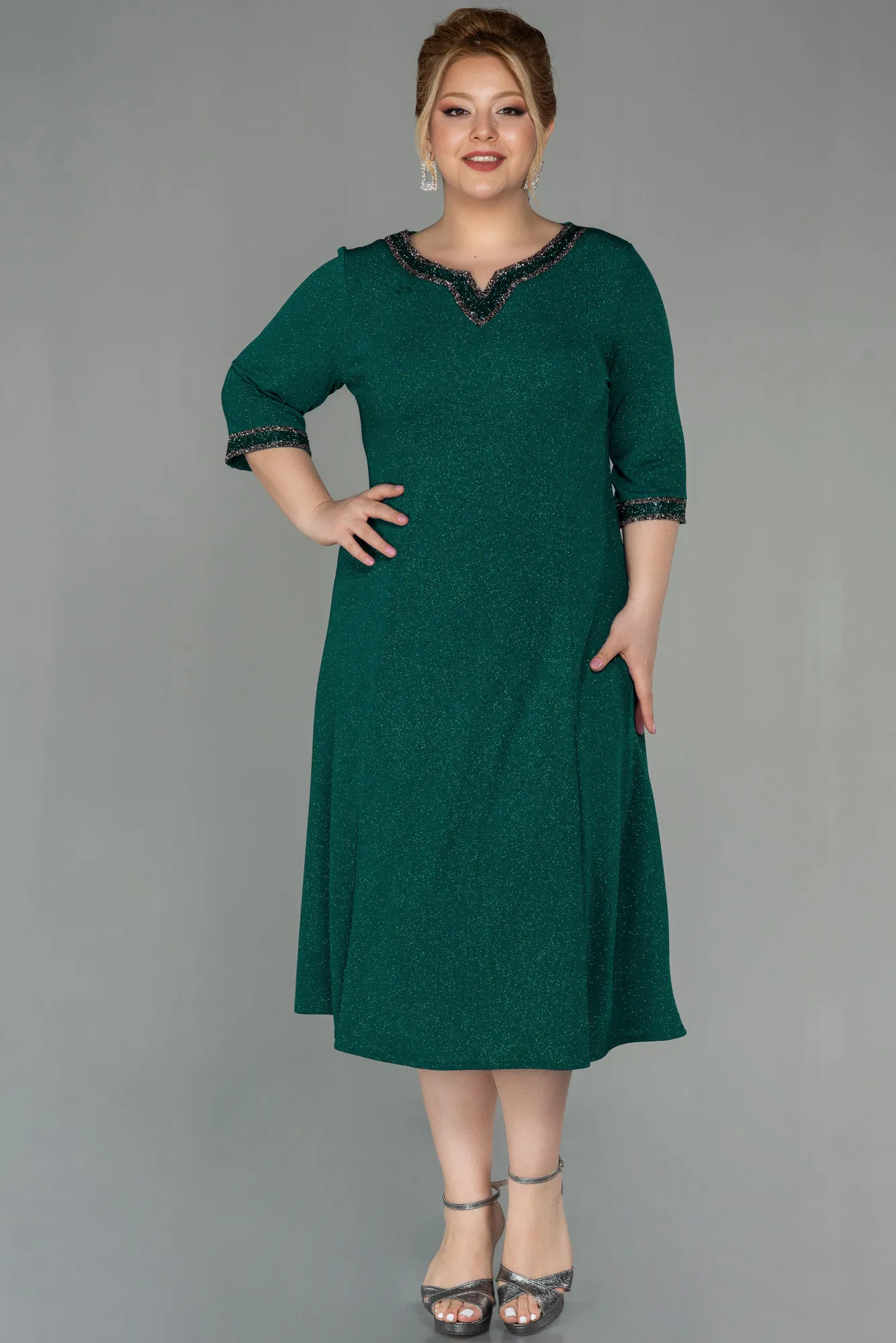 Emerald Green-Midi Plus Size Evening Dress ABK1595