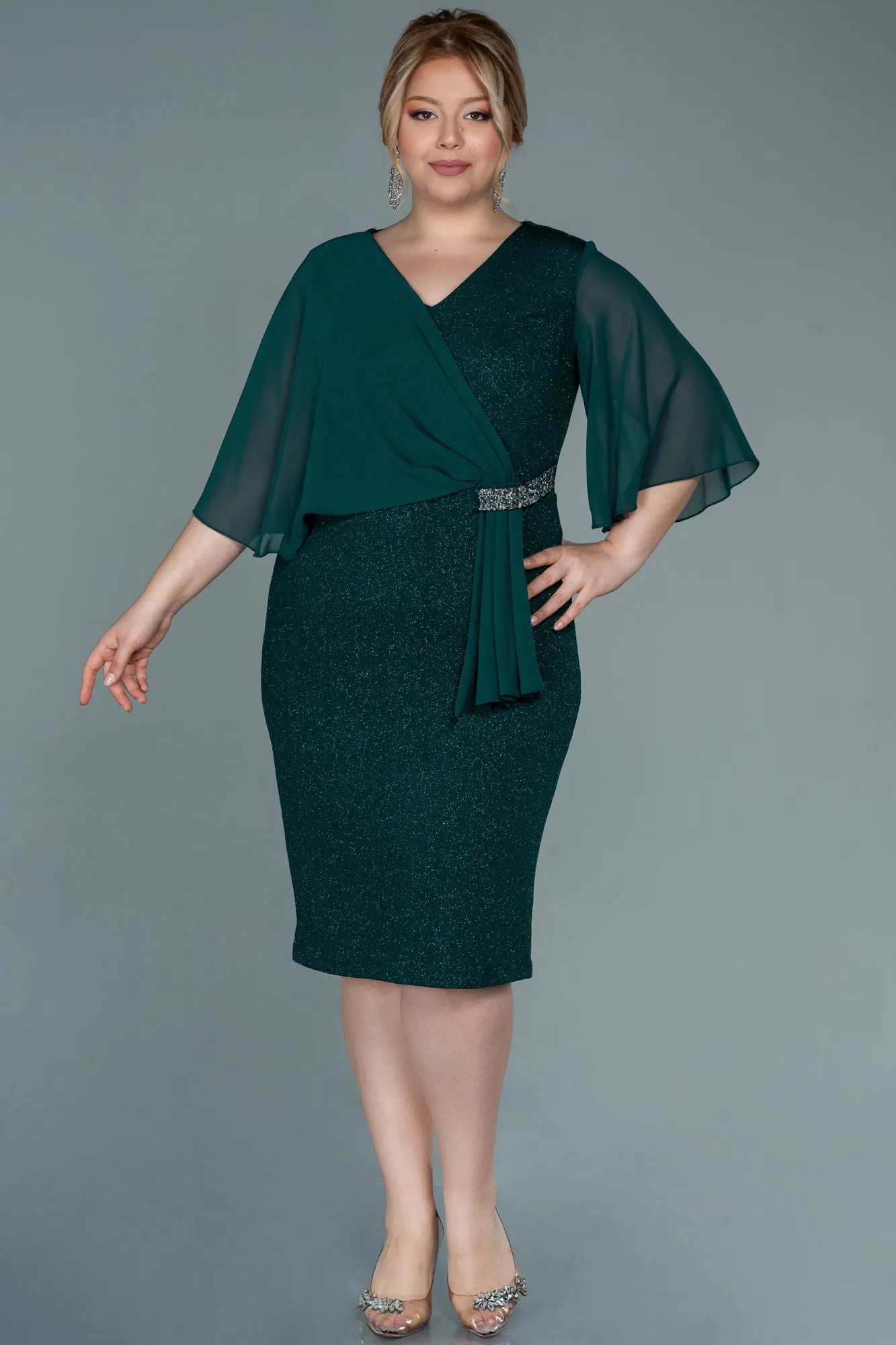 Emerald Green-Midi Plus Size Evening Dress ABK1610