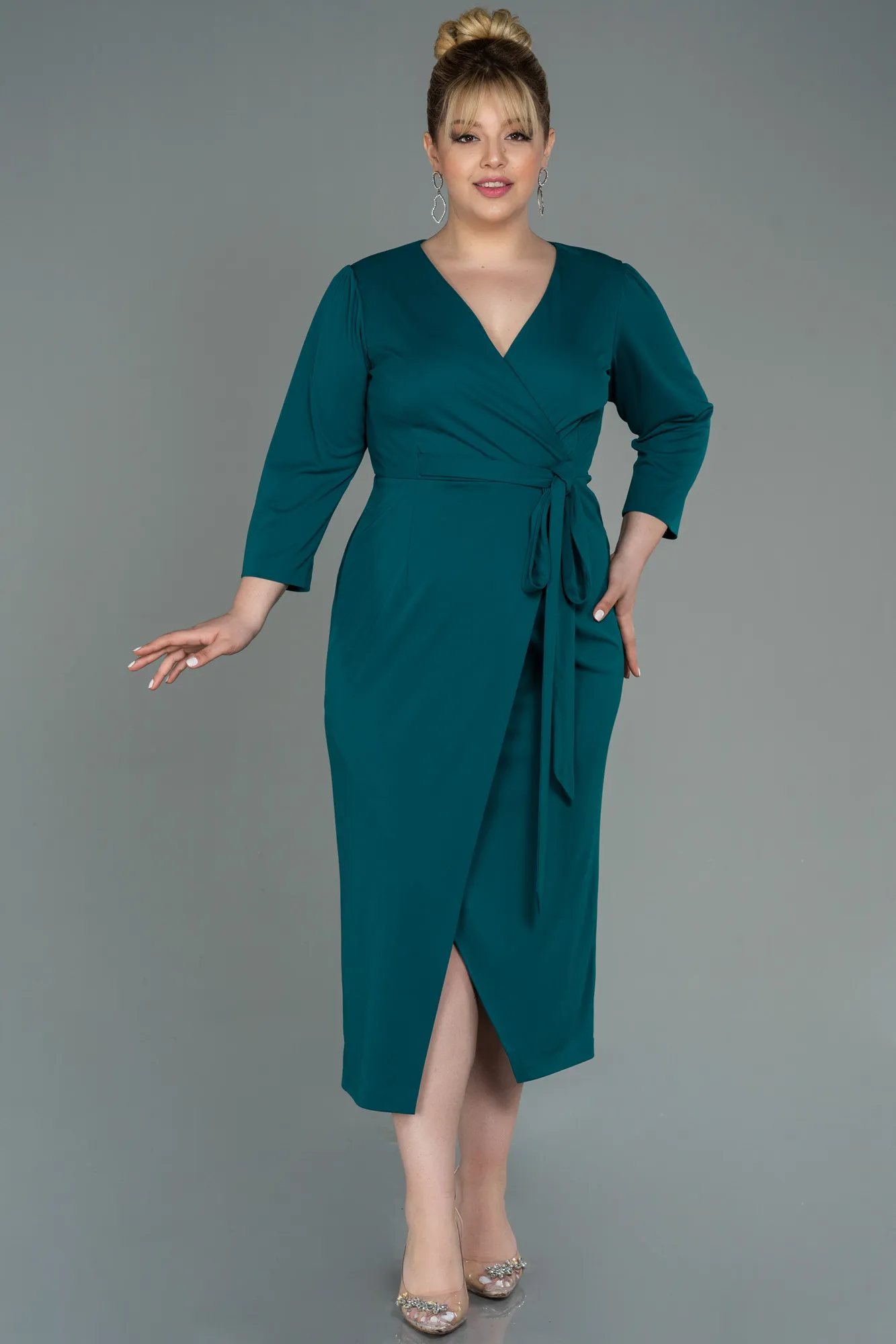 Emerald Green-Midi Plus Size Evening Dress ABK1744