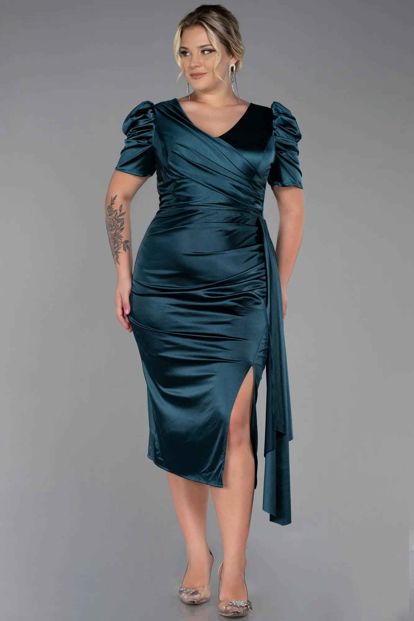 Emerald Green-Midi Plus Size Evening Dress ABK1812