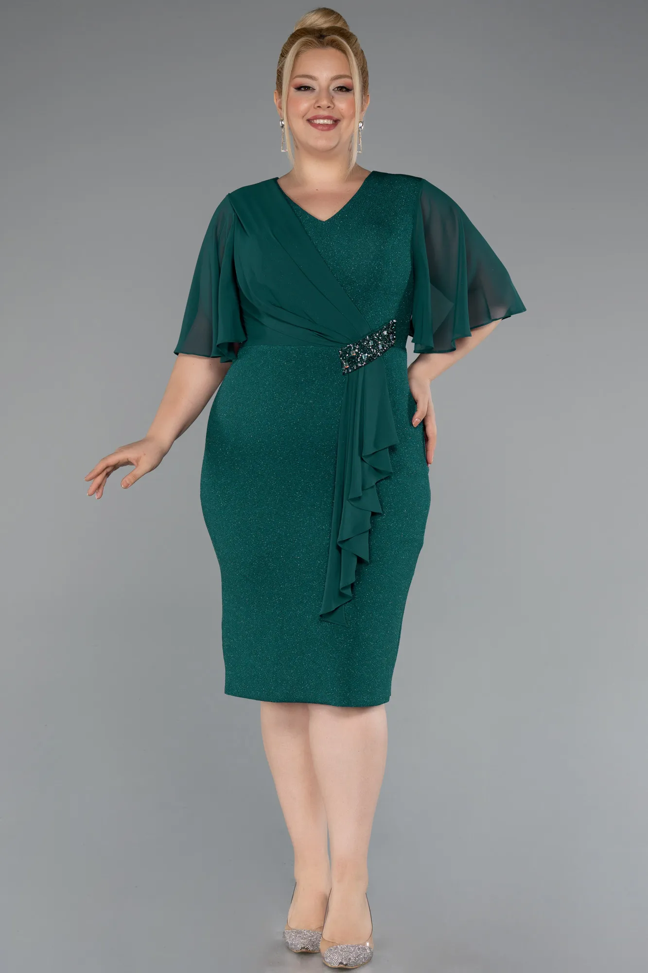 Emerald Green-Midi Plus Size Evening Dress ABK1826