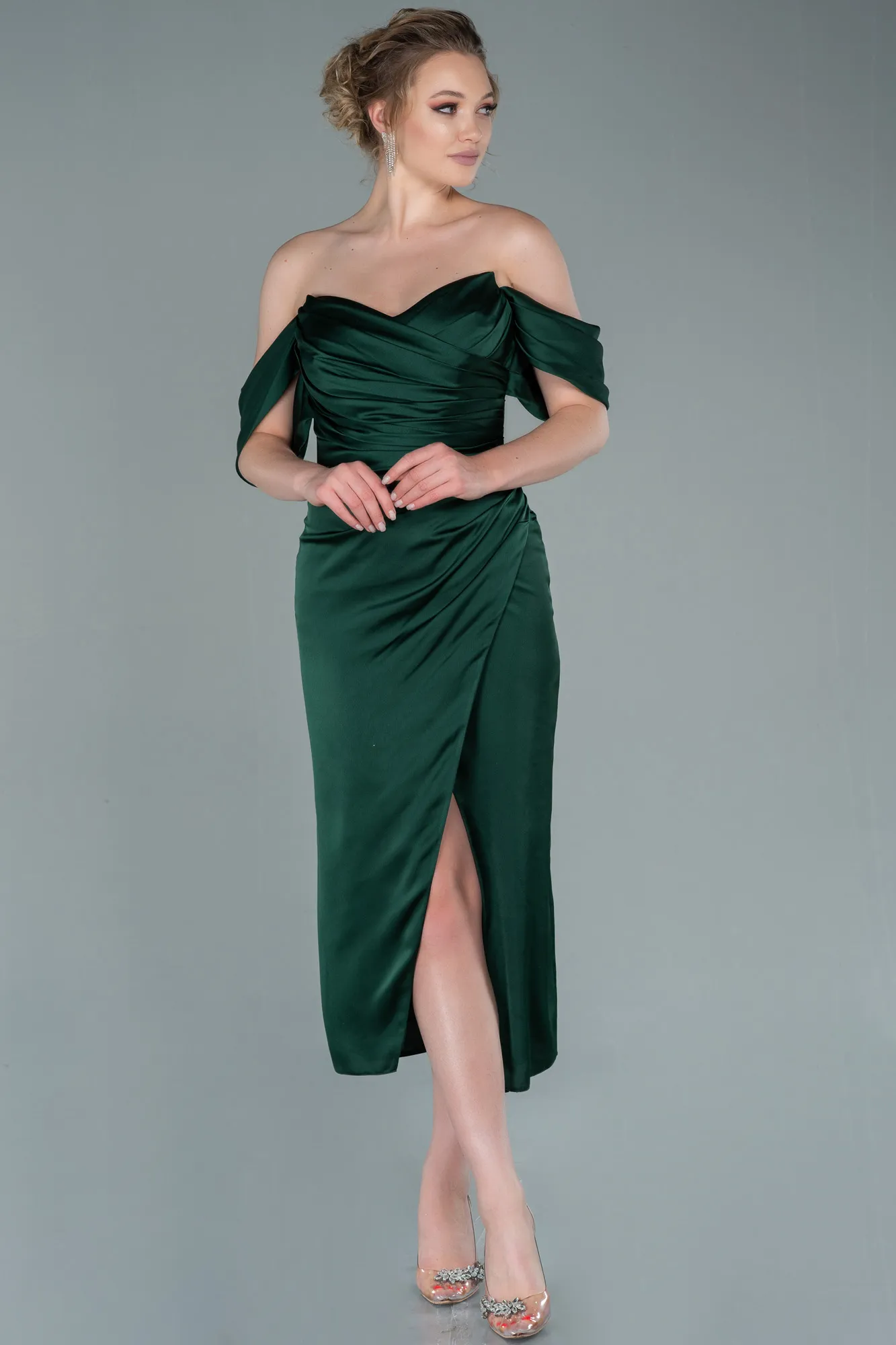 Emerald Green-Midi Satin Invitation Dress ABK1404