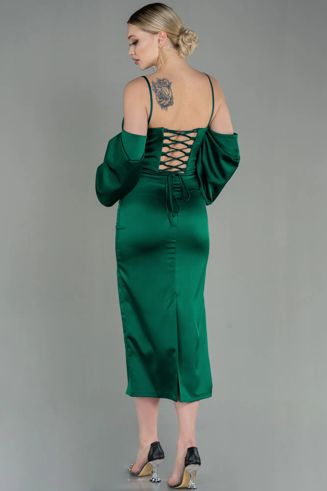 Emerald Green-Midi Satin Invitation Dress ABK1676