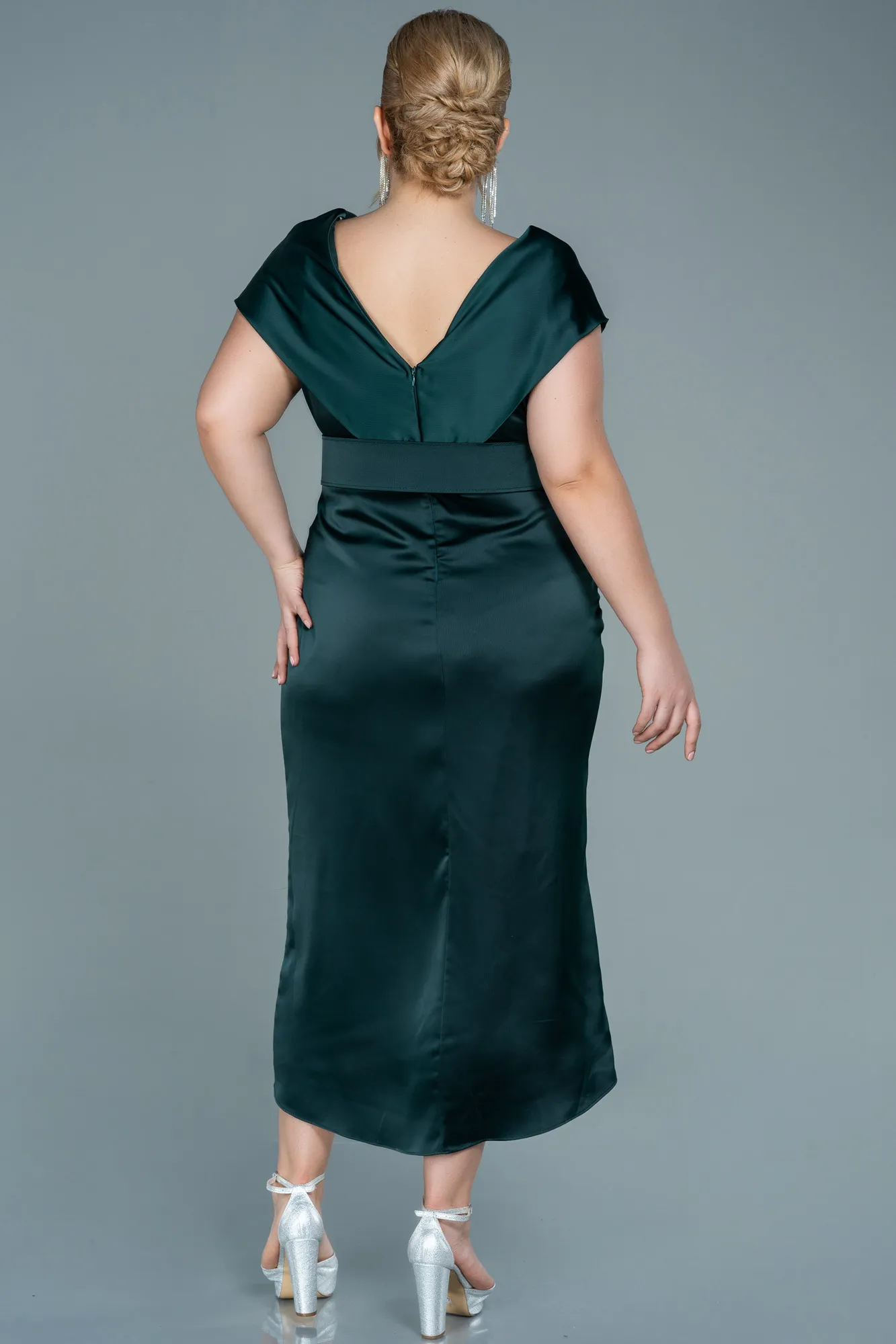 Emerald Green-Midi Satin Plus Size Evening Dress ABK1499
