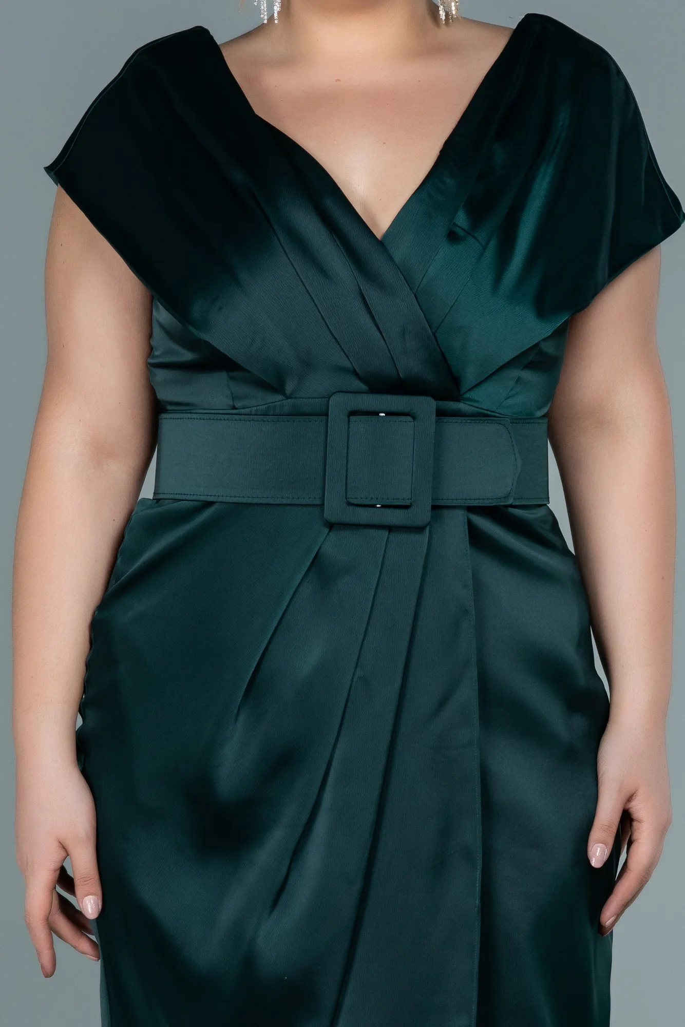 Emerald Green-Midi Satin Plus Size Evening Dress ABK1499