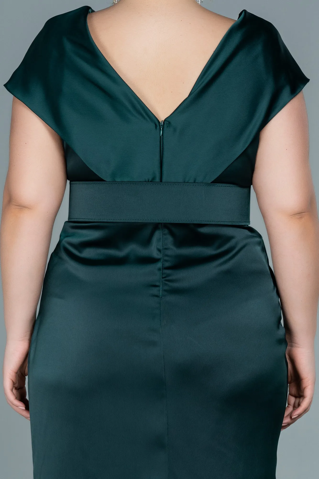 Emerald Green-Midi Satin Plus Size Evening Dress ABK1499