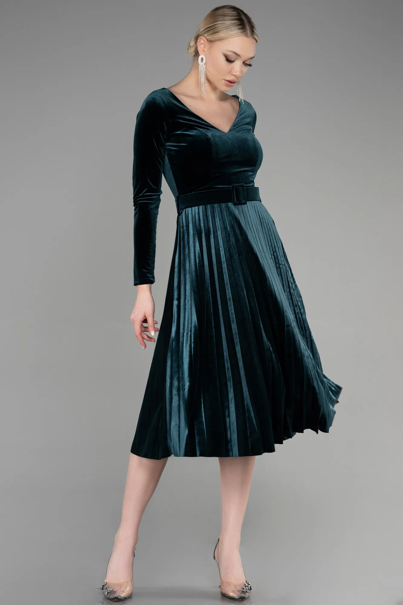 Emerald Green-Midi Velvet Invitation Dress ABK1870