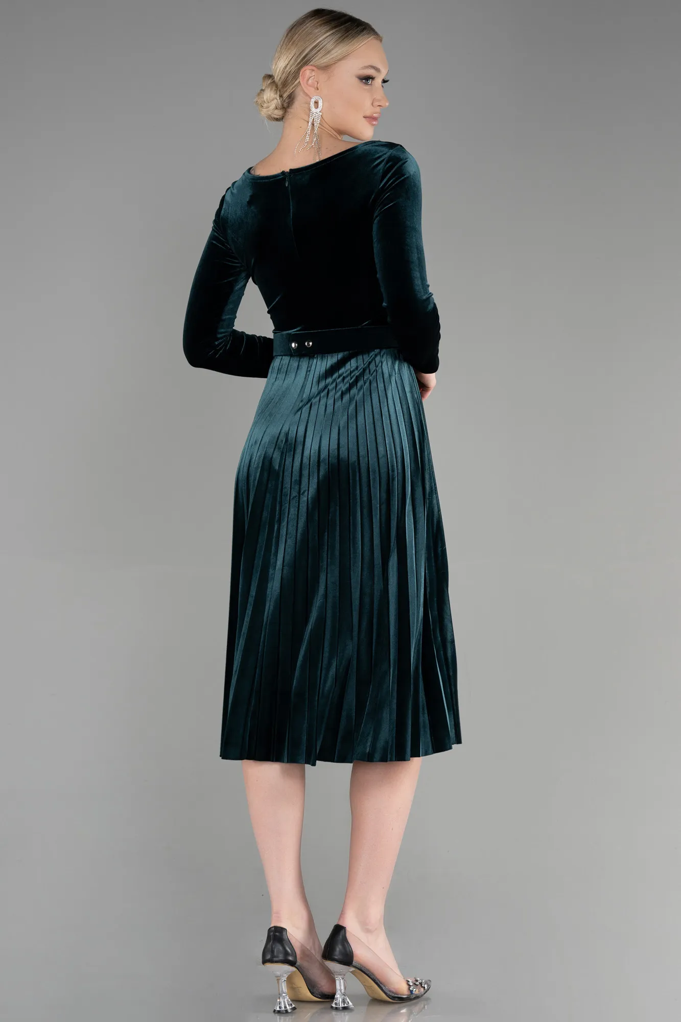 Emerald Green-Midi Velvet Invitation Dress ABK1870