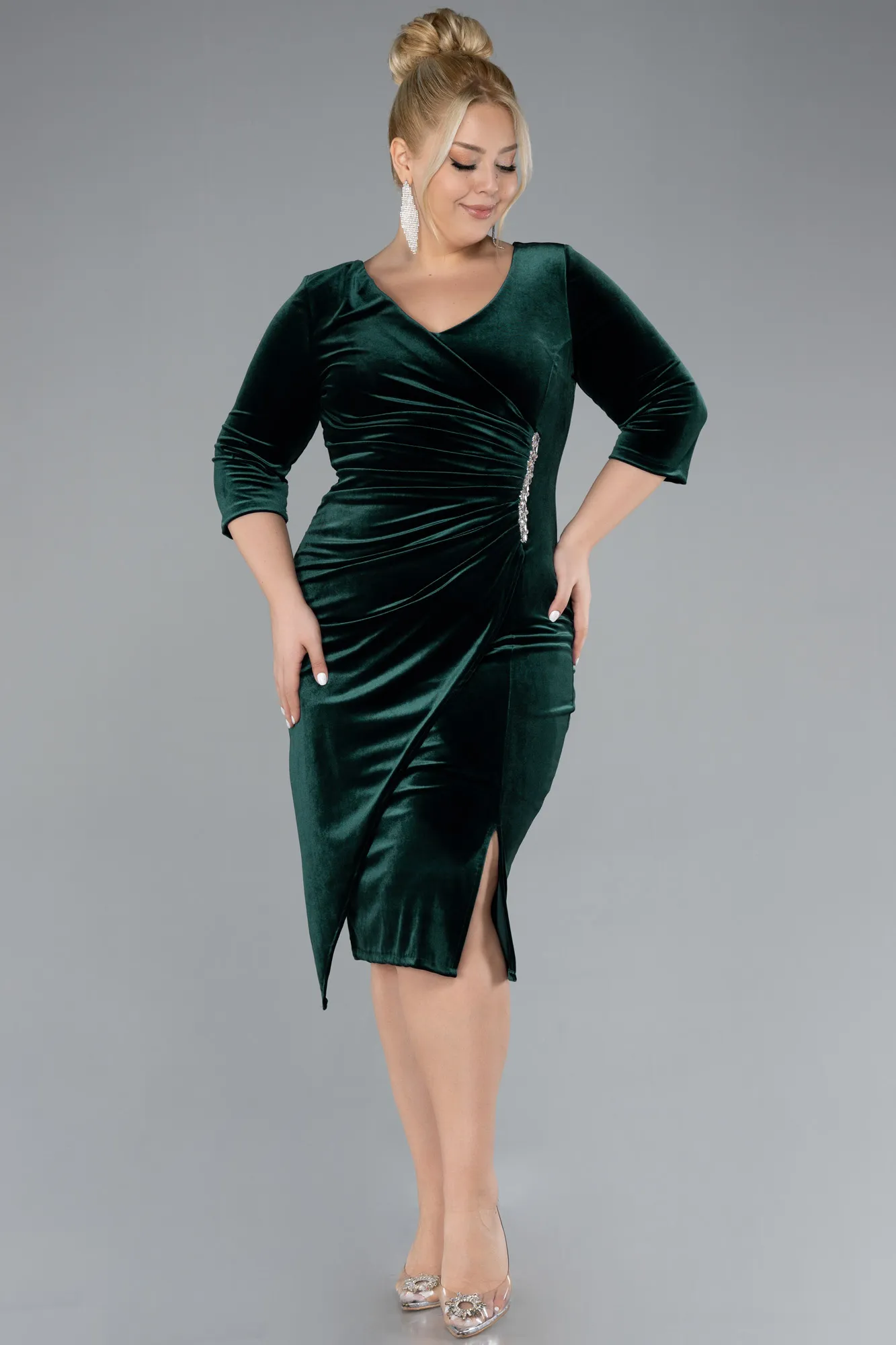Emerald Green-Midi Velvet Plus Size Cocktail Dress ABK2156