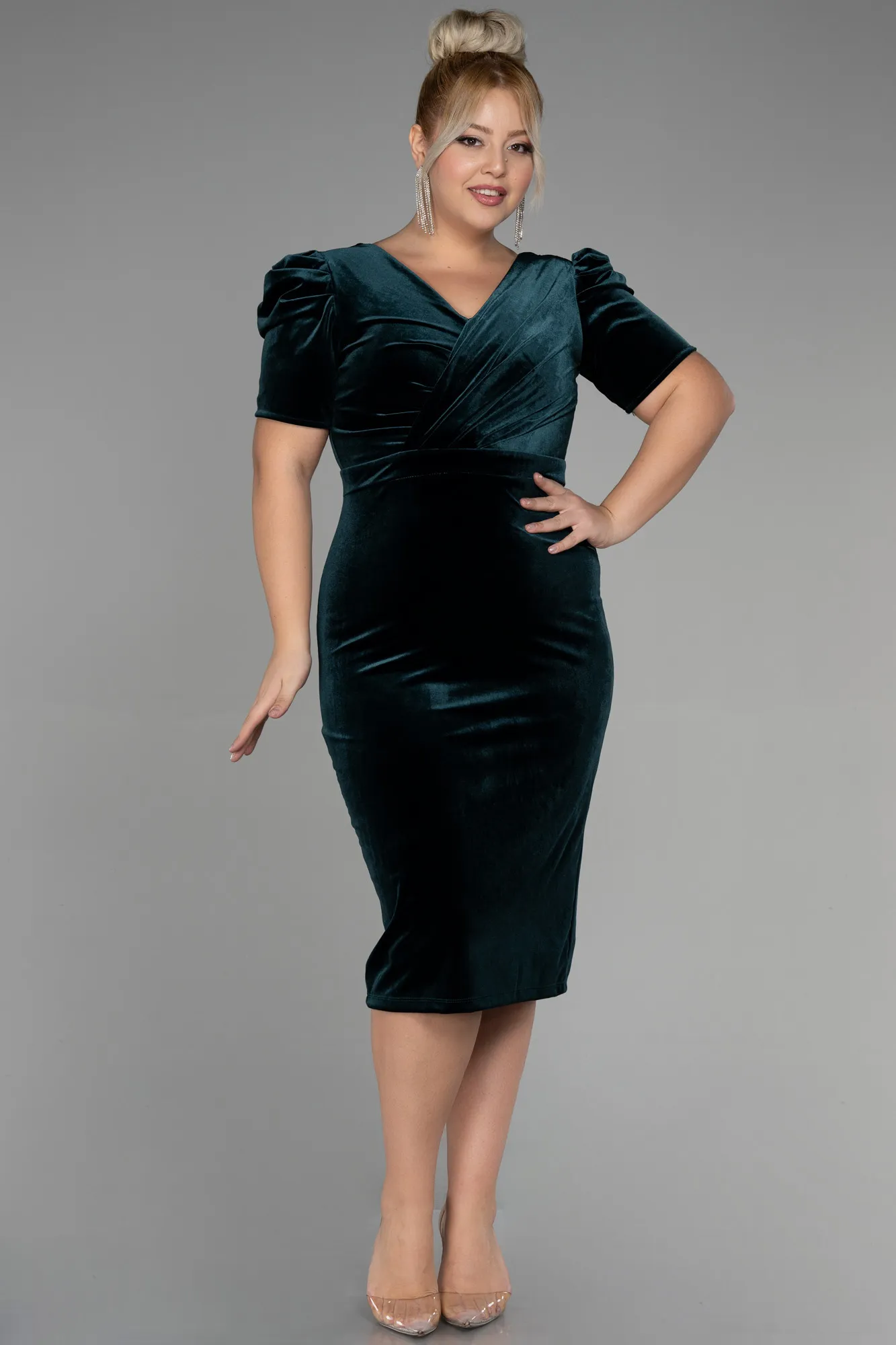 Emerald Green-Midi Velvet Velvet Oversized Evening Dress ABK1874