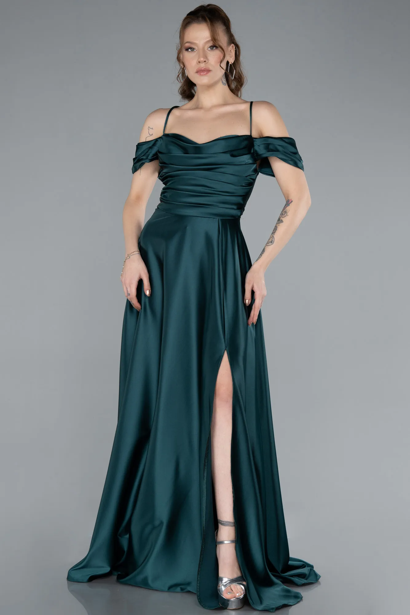Emerald Green-Off The Shoulder Slit Long Satin Prom Dress ABU4703