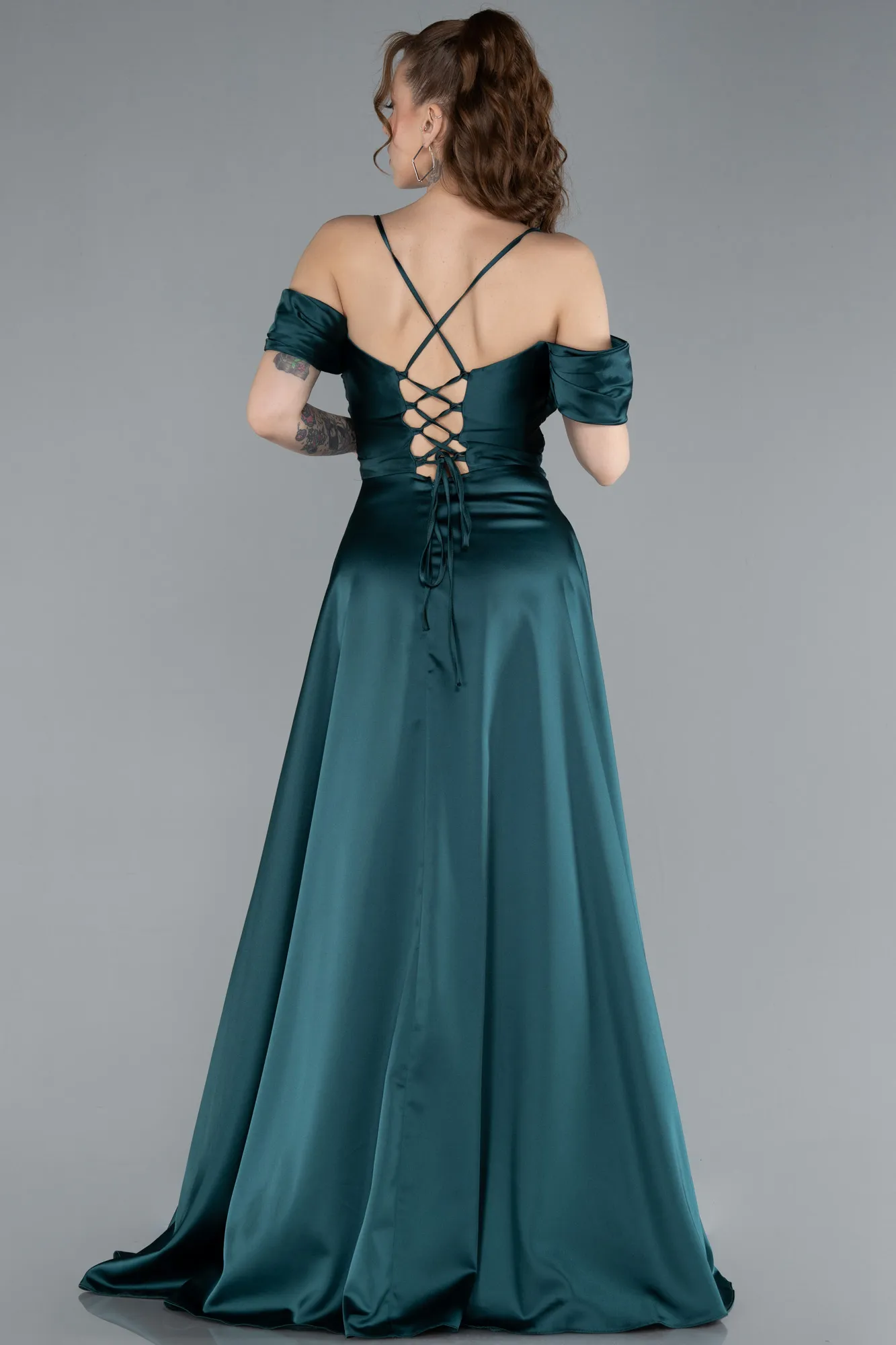 Emerald Green-Off The Shoulder Slit Long Satin Prom Dress ABU4703