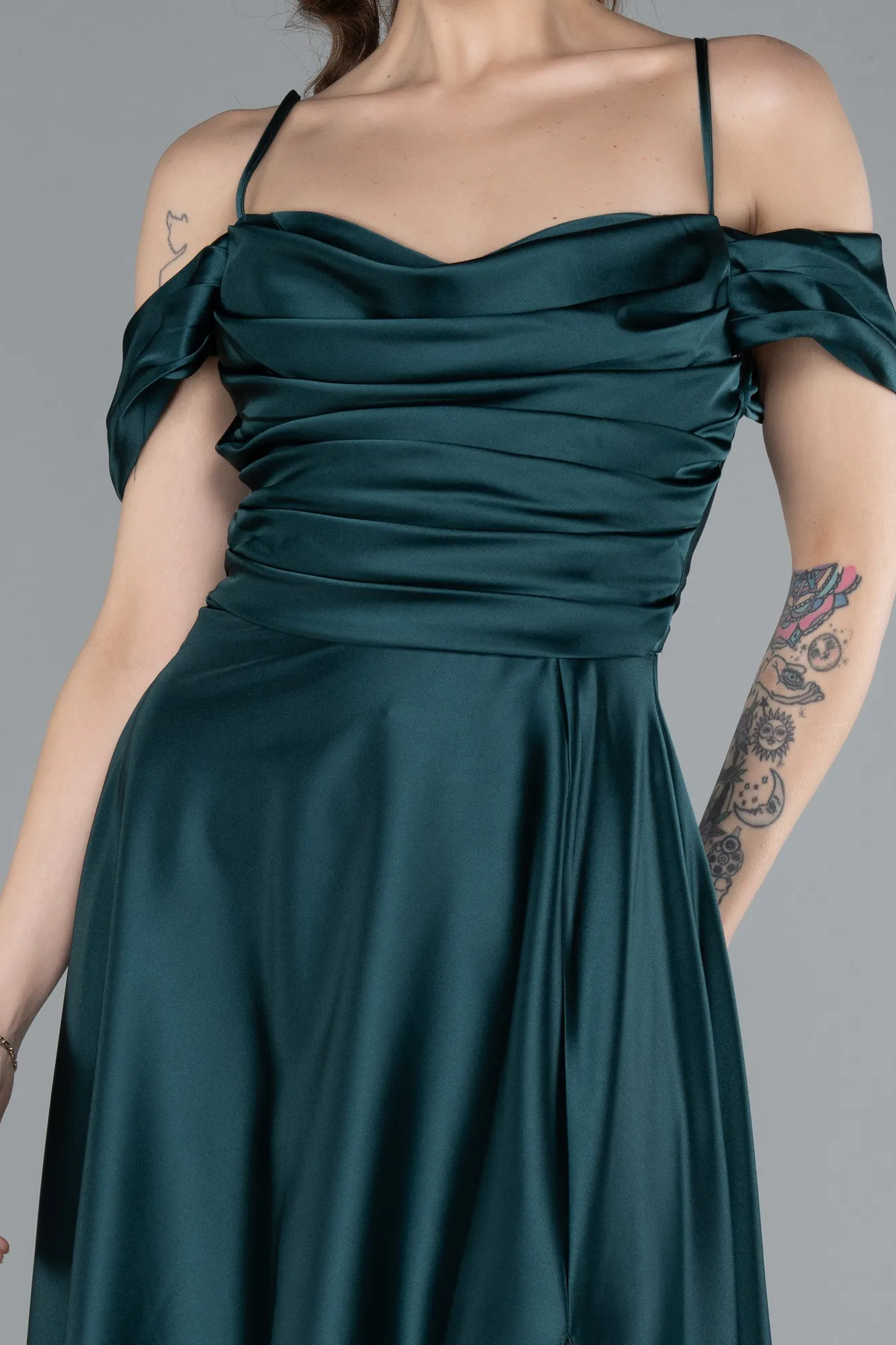 Emerald Green-Off The Shoulder Slit Long Satin Prom Dress ABU4703