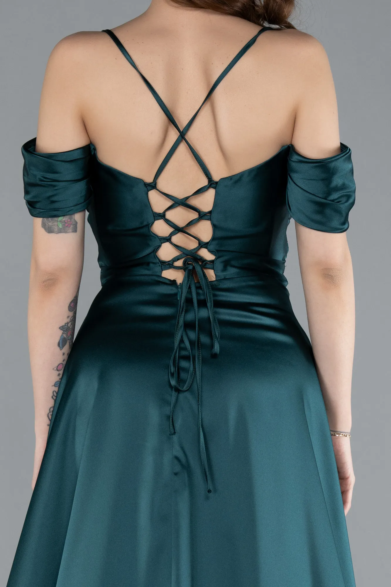 Emerald Green-Off The Shoulder Slit Long Satin Prom Dress ABU4703