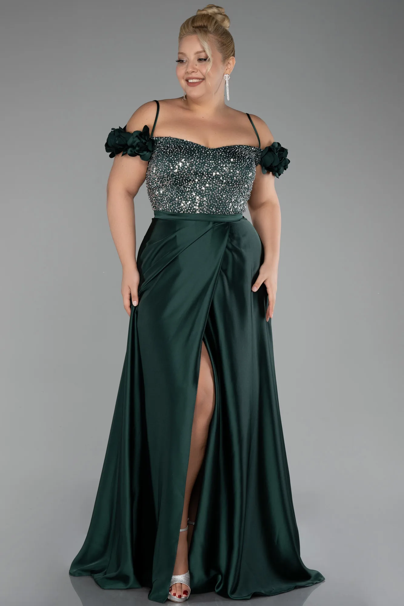 Emerald Green-Sequined Boat Neck Long Satin Plus Size Evening Gown ABU4127